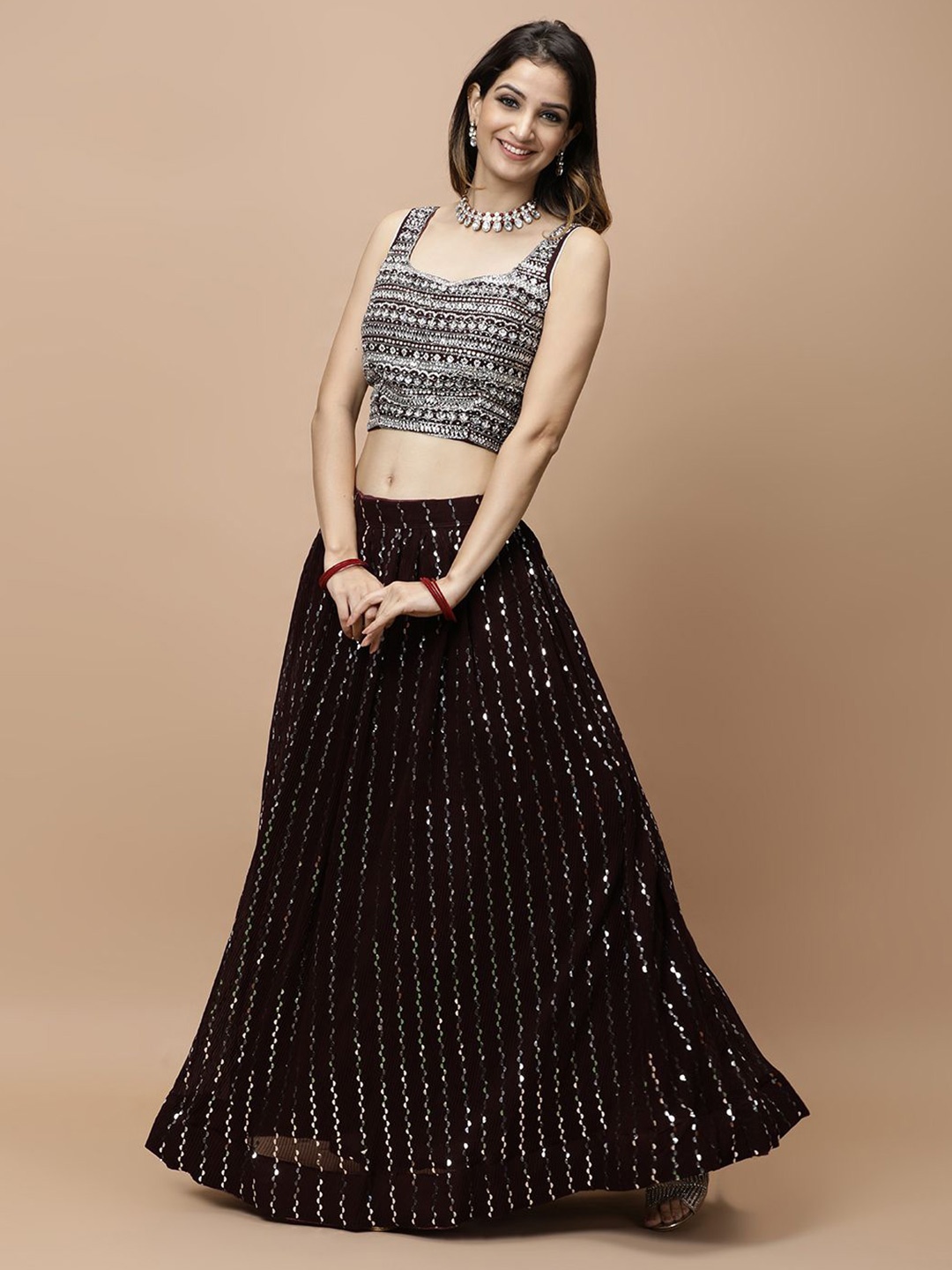 

Vervee Couture Embellished Beads and Stones Ready to Wear Lehenga & Blouse With Dupatta, Burgundy