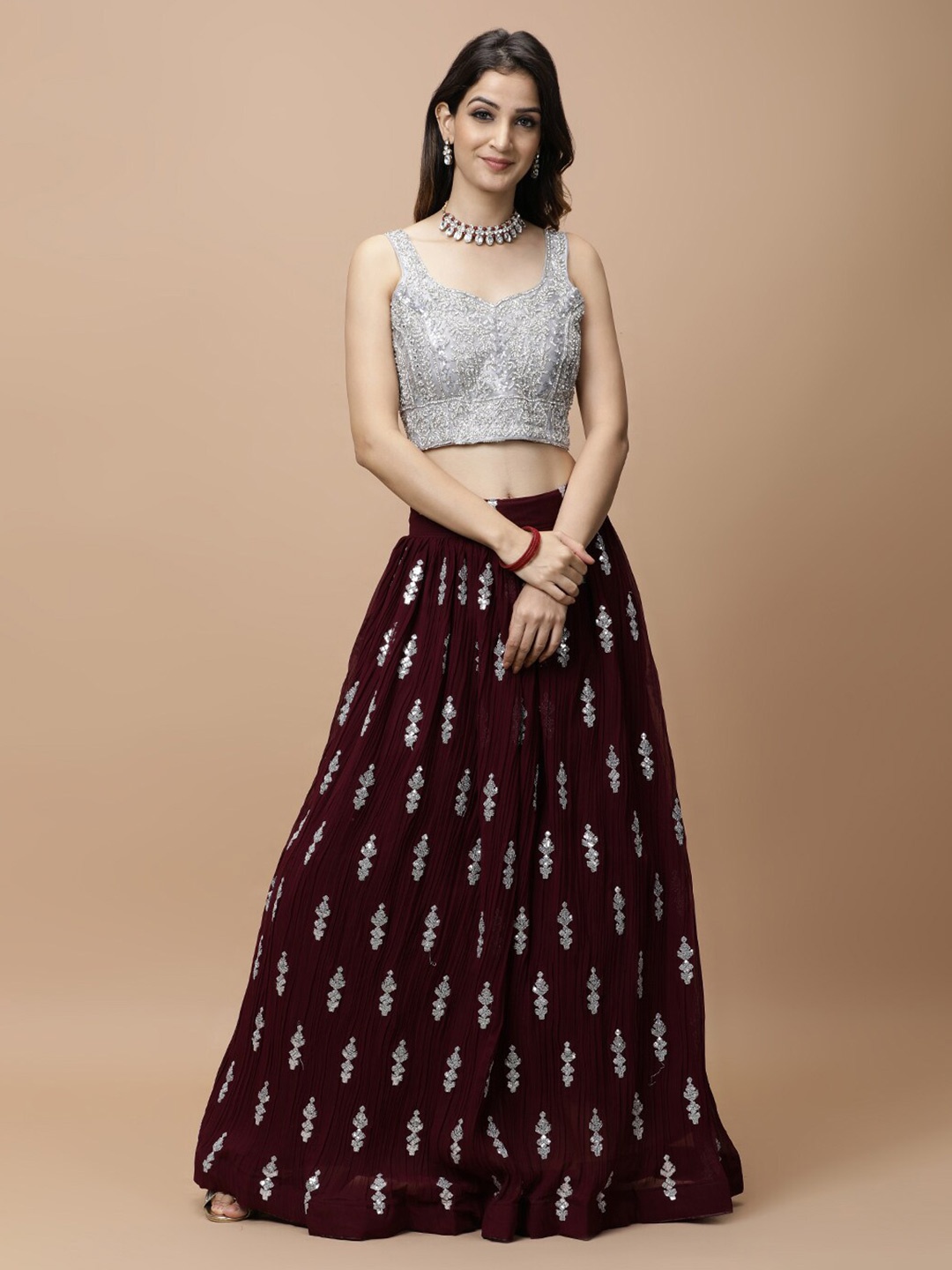 

Vervee Couture Embellished Ready to Wear Lehenga & Blouse With Dupatta, Maroon