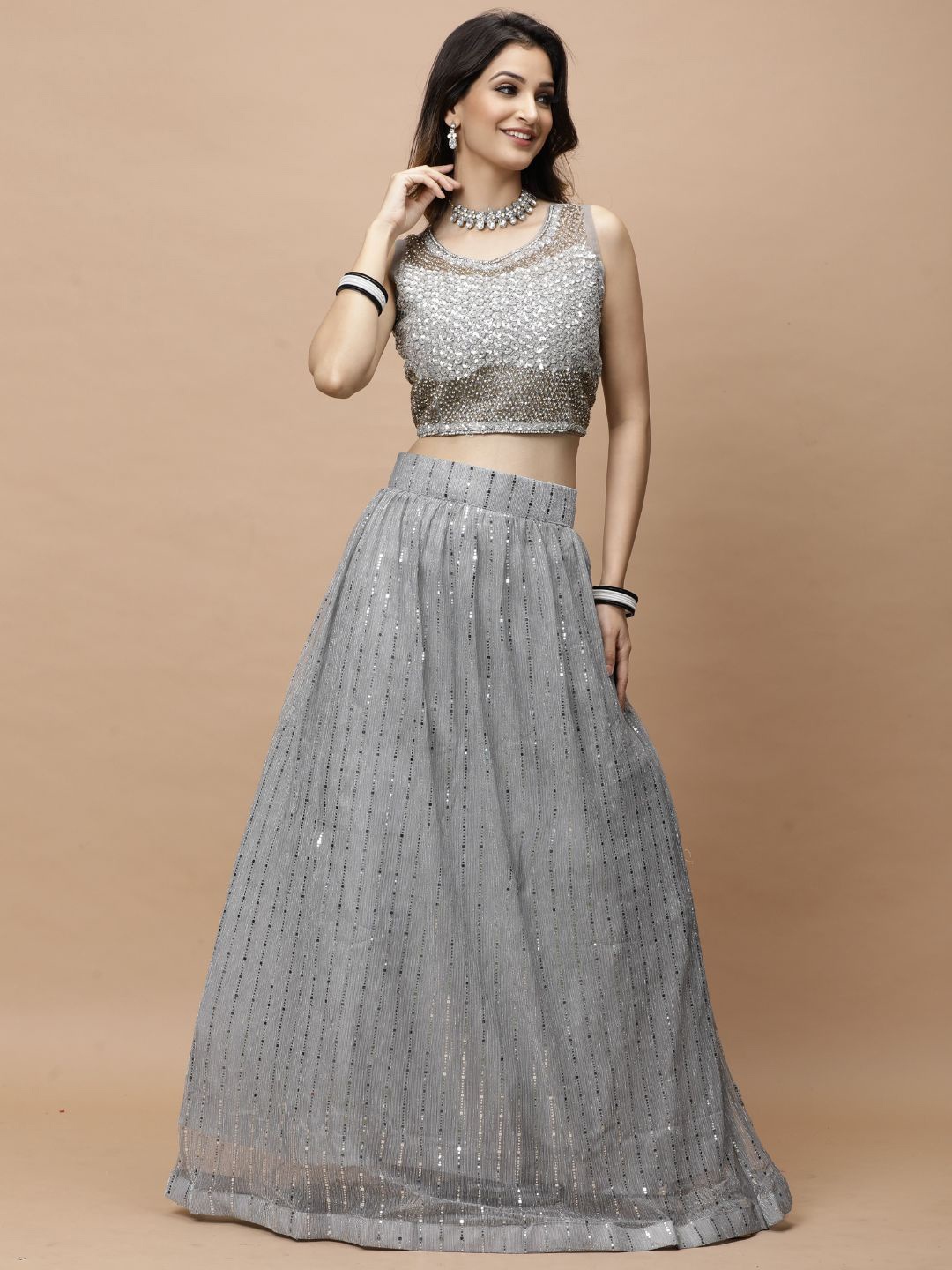 

Vervee Couture Embellished Sequinned Ready to Wear Lehenga & Blouse With Dupatta, Grey