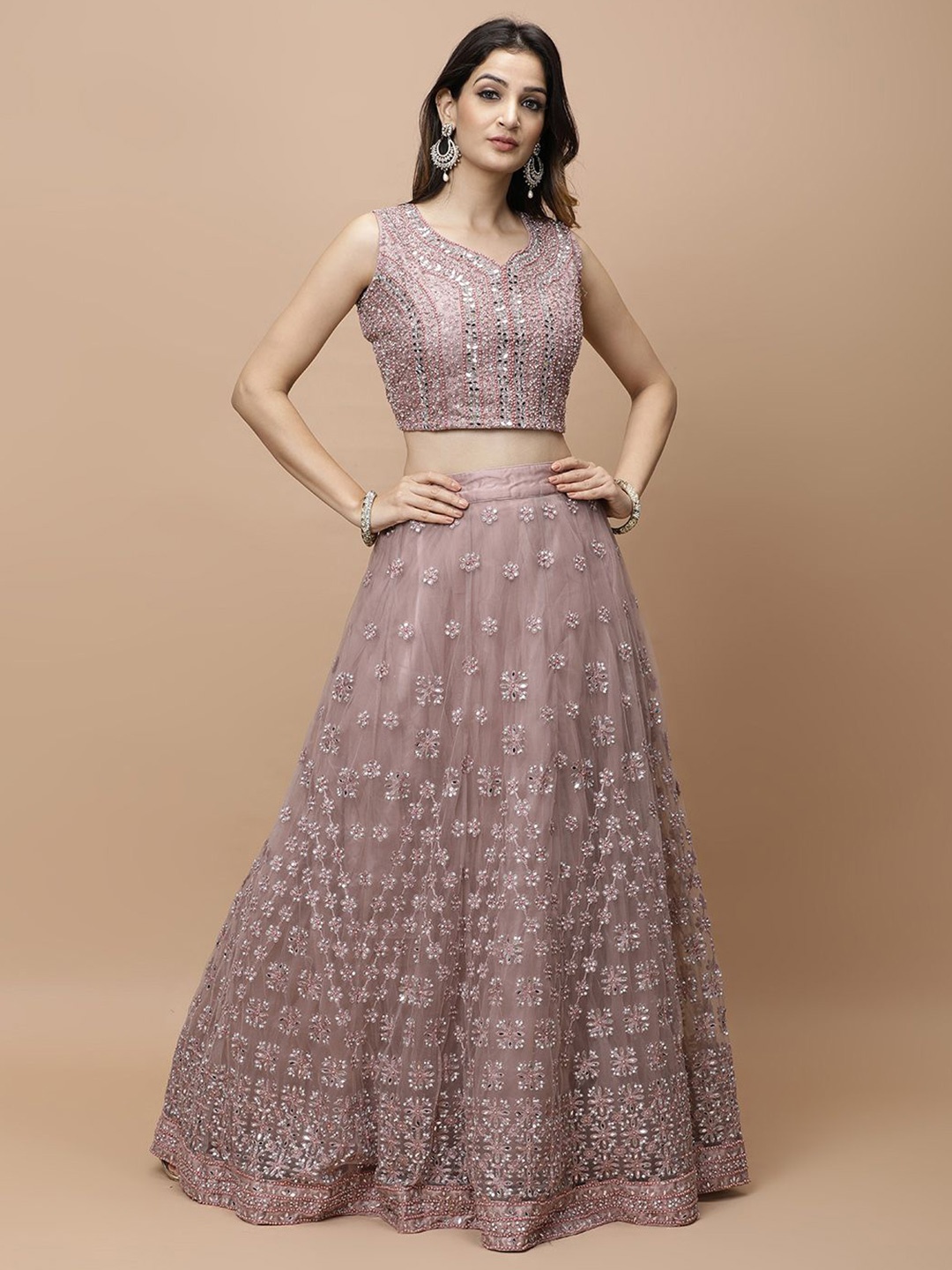 

Vervee Couture Embellished Mirror Work Ready to Wear Lehenga & Blouse With Dupatta, Rose
