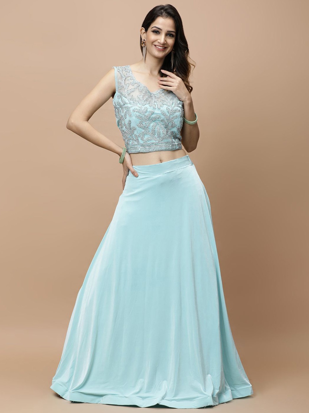 

Vervee Couture Embroidered Sequinned Ready to Wear Lehenga & Blouse With Dupatta, Turquoise blue