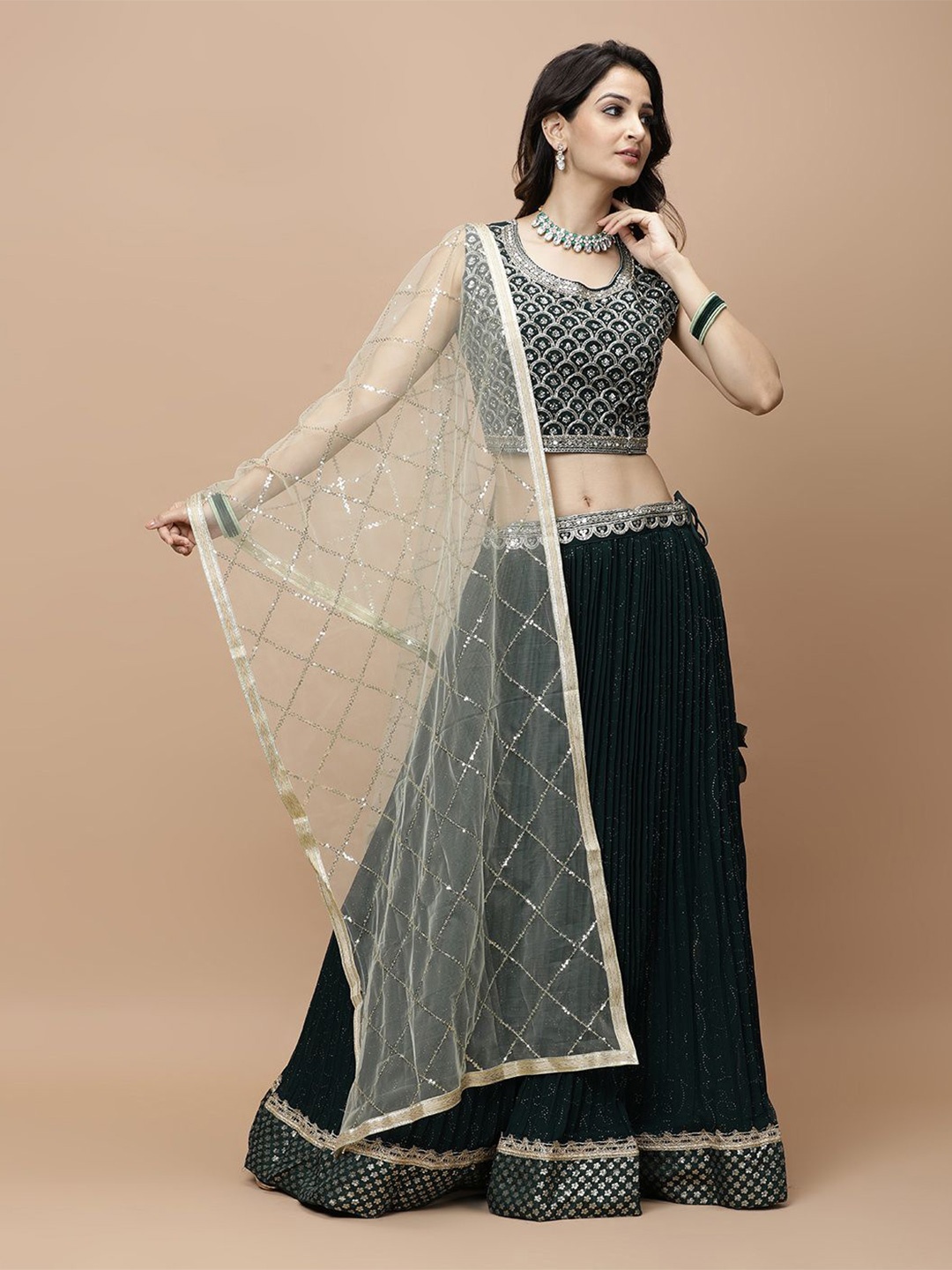 

Vervee Couture Embellished Beads and Stones Ready to Wear Lehenga & Blouse With Dupatta, Green