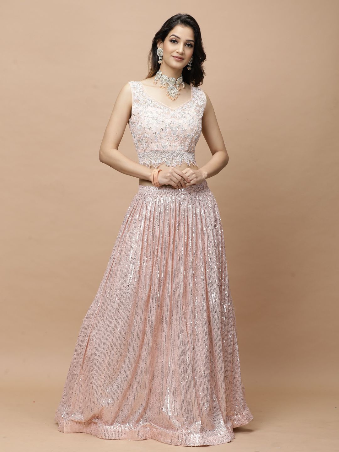 

Vervee Couture Embroidered Sequinned Ready to Wear Lehenga & Blouse, Peach