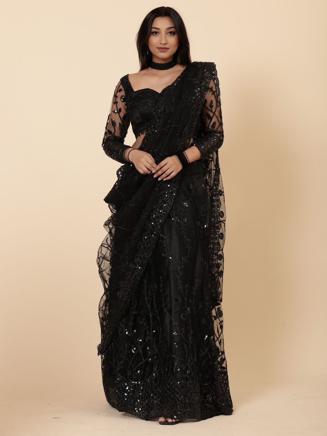 

Vervee Couture Embellished Beads and Stones Ready to Wear Lehenga & Blouse With Dupatta, Black