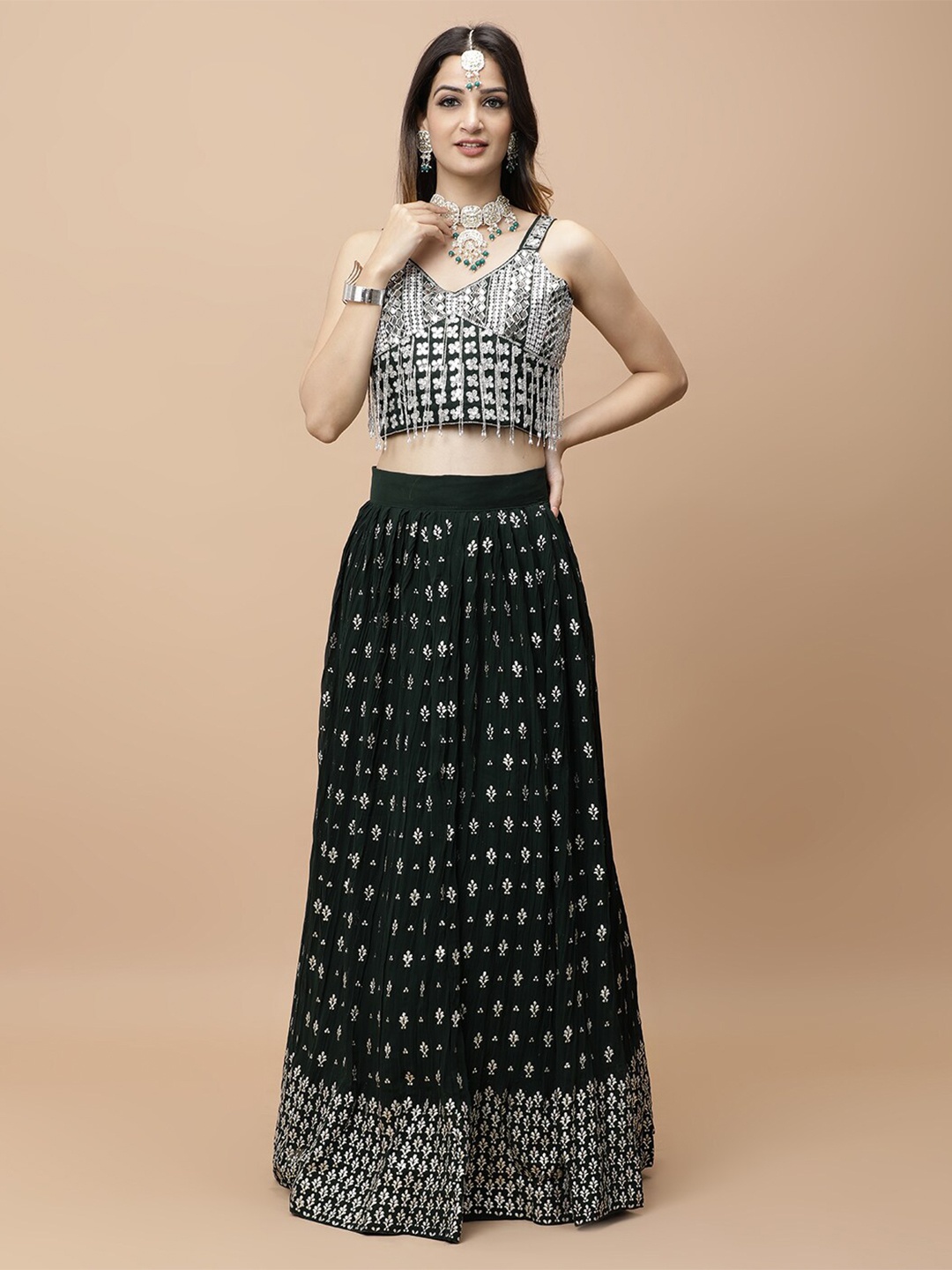 

Vervee Couture Embellished Beads and Stones Ready to Wear Lehenga & Blouse With Dupatta, Green