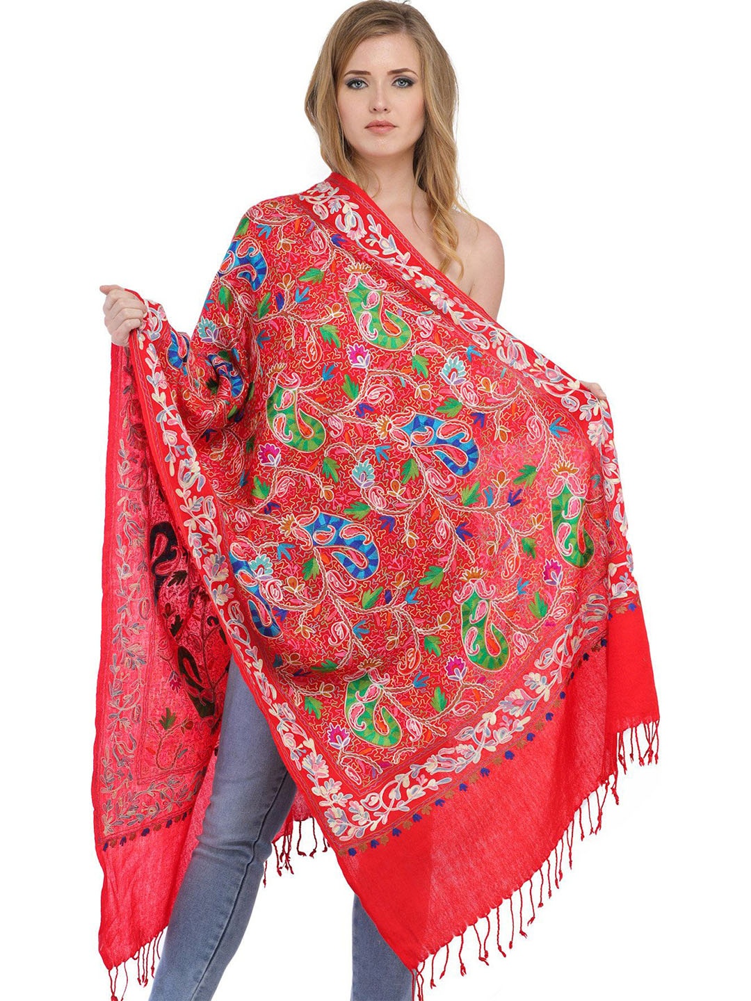 

Exotic India Aari-Embroidered Paisleys Pure Wool Stole, Red