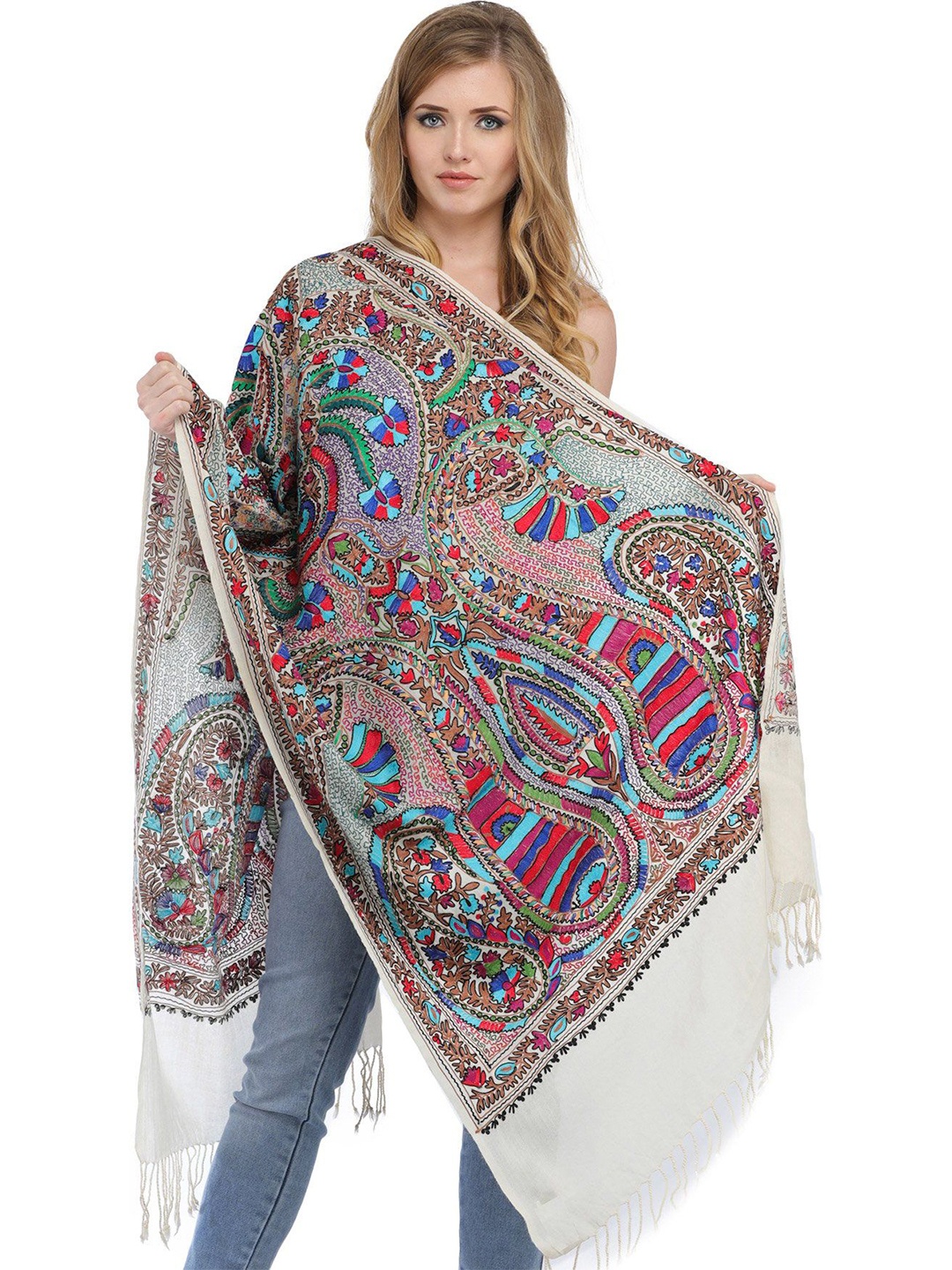 

Exotic India Aari-Embroidered Giant Paisleys in Multi-color Thread Pure Wool Stole, Off white