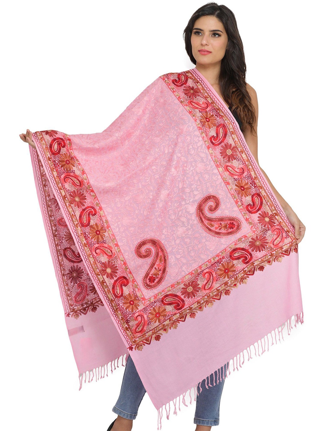 

Exotic India Aari Embroidered Paisleys and Flowers Pure Wool Stole, Pink