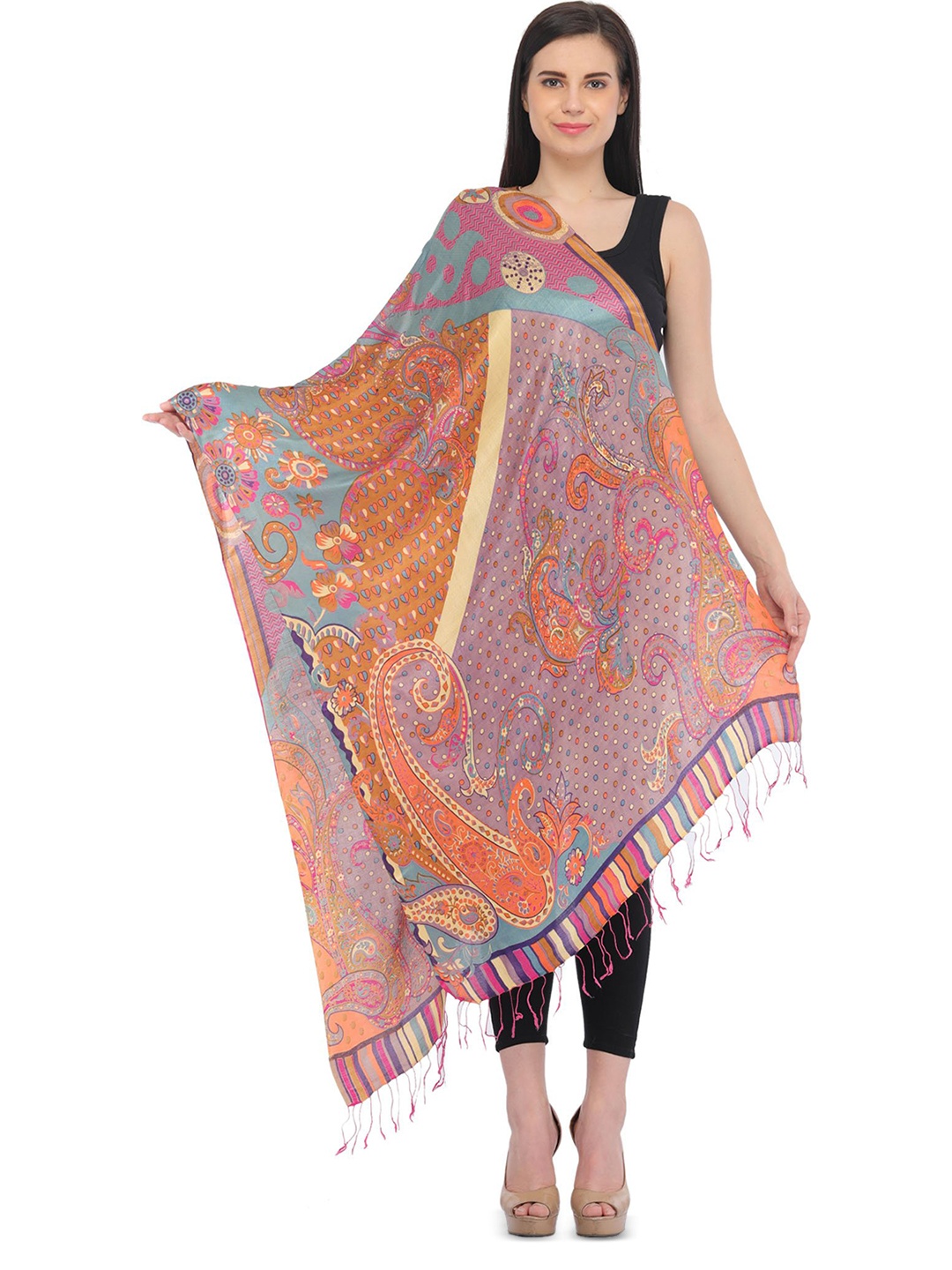 Exotic India Multicolored Digital Printed Paisleys Stole, Blue