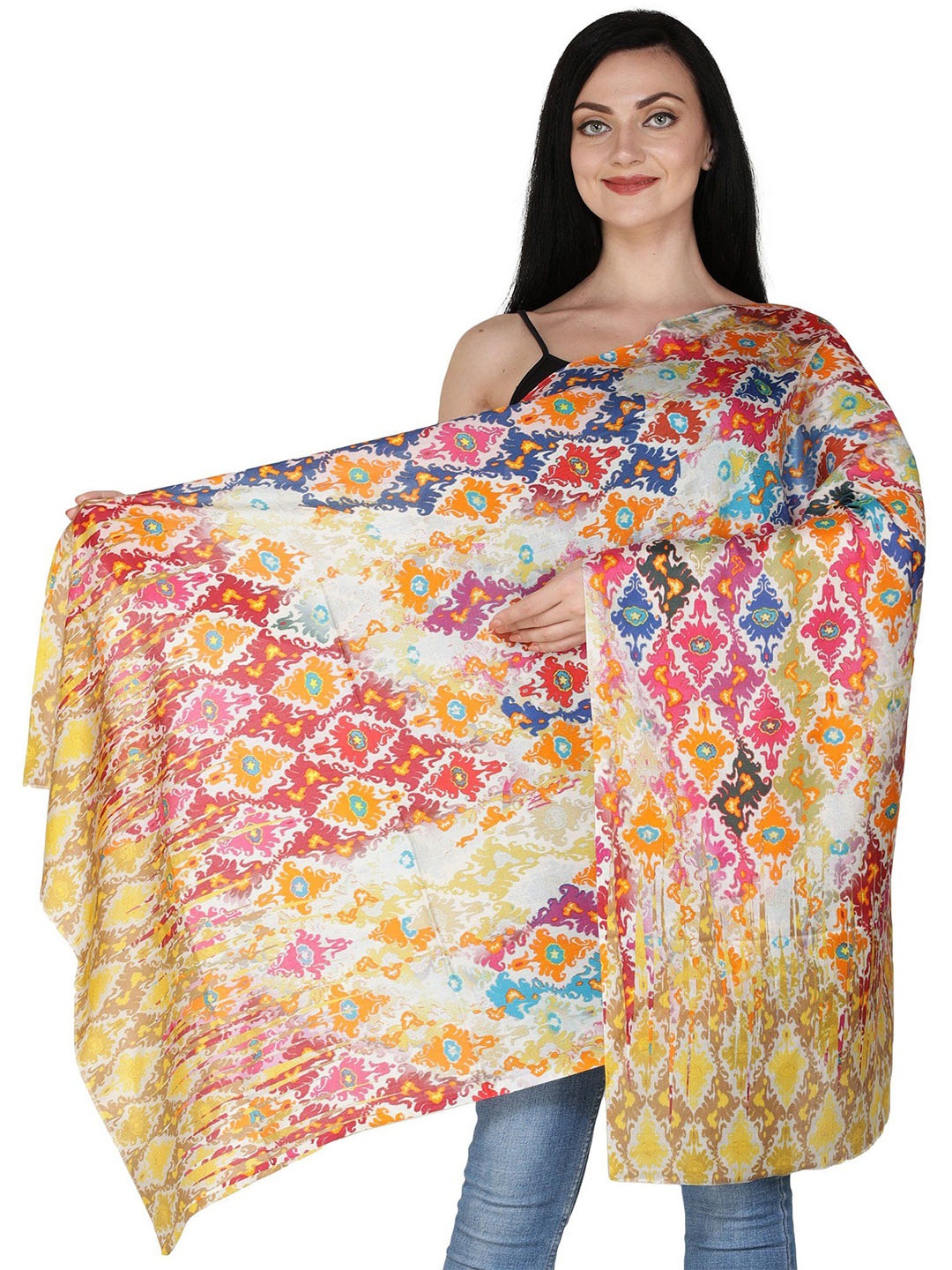 

Exotic India Multicolor Digital-Printed Pure Silk Stole, Red