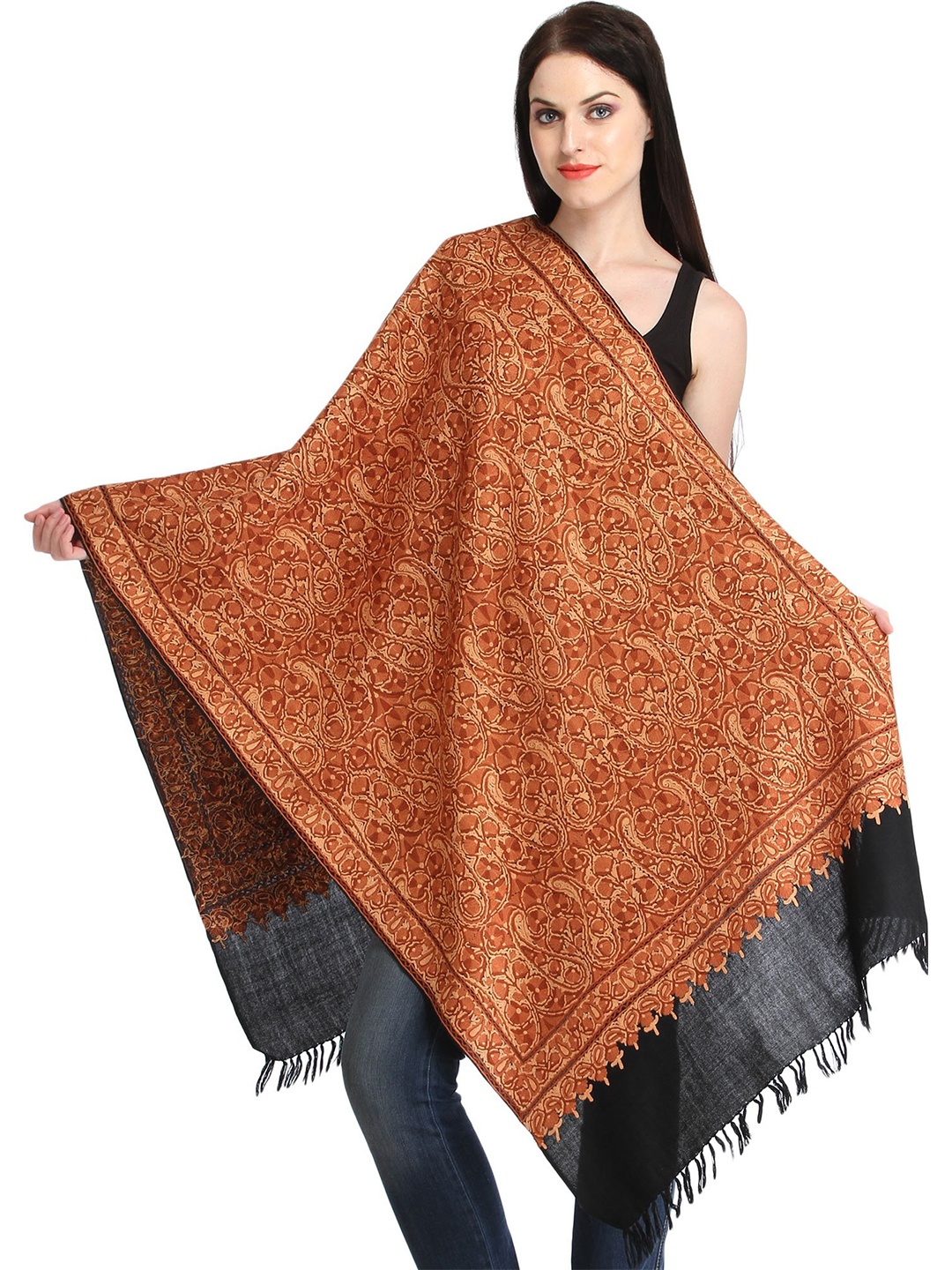 

Exotic India Brown and Black Aari Hand-Embroidered Paisleys Kashmiri Stole