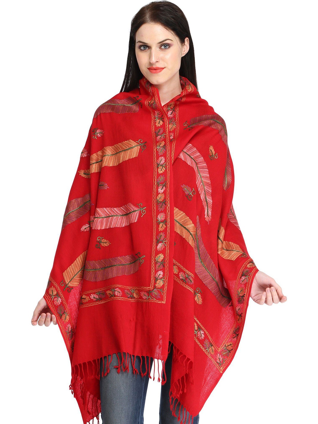 

Exotic India True Red Pure Wool Aari-Embroidered Giant Leaves Pure Wool Stole