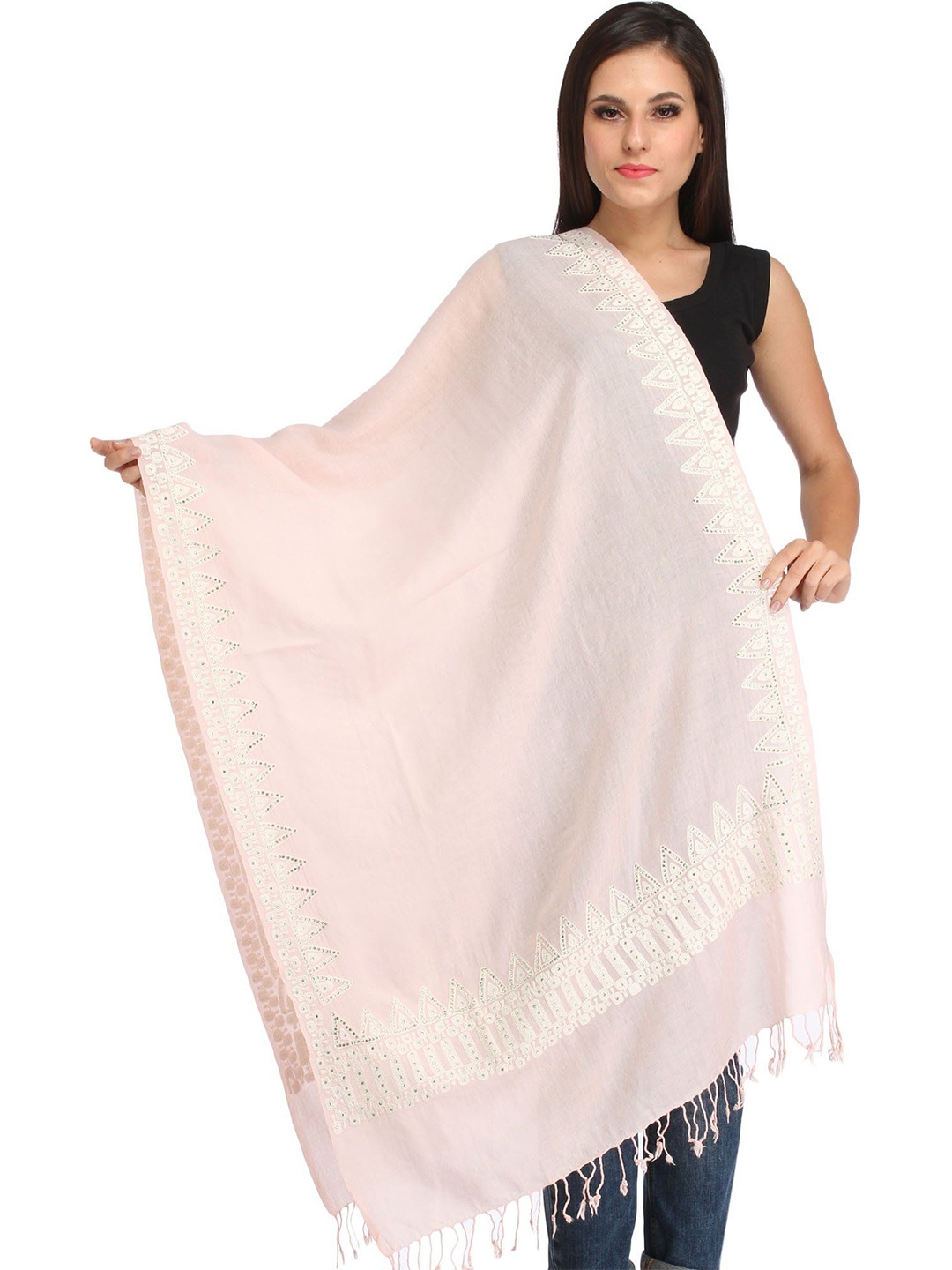 

Exotic India Plain Pastel Stole with Aari-Embroidery on Border and Crystals, Pink