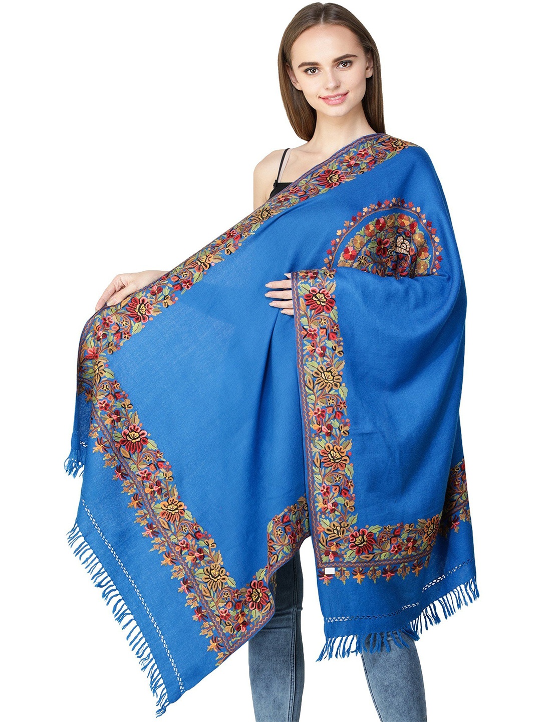 

Exotic India Blue Aster Kashmiri Stole with Aari Hand-Embroidered Mandala and Border