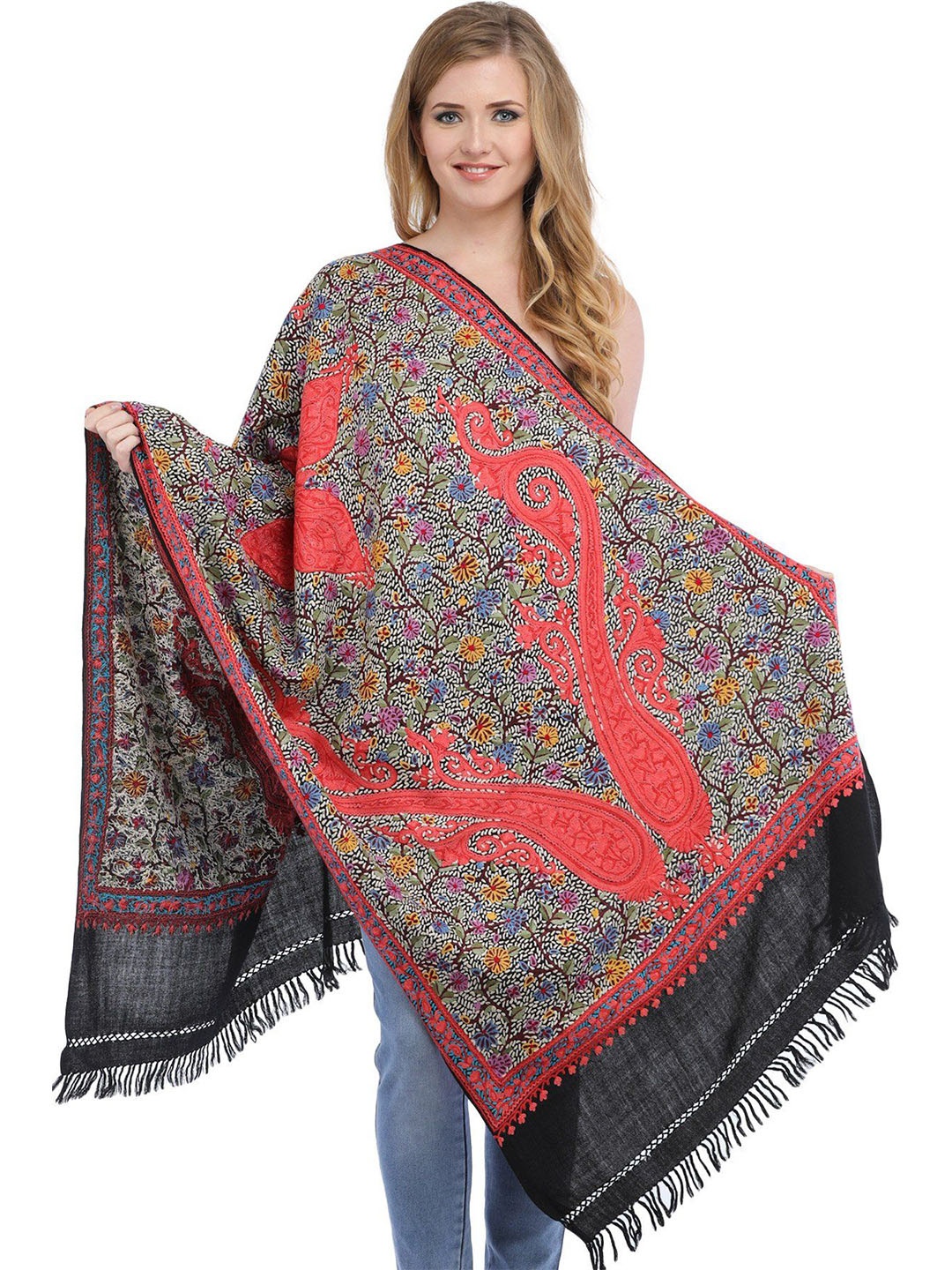 

Exotic India Black Dense Aari-Hand Embroidered Paisleys Pure Wool Kashmiri Stole