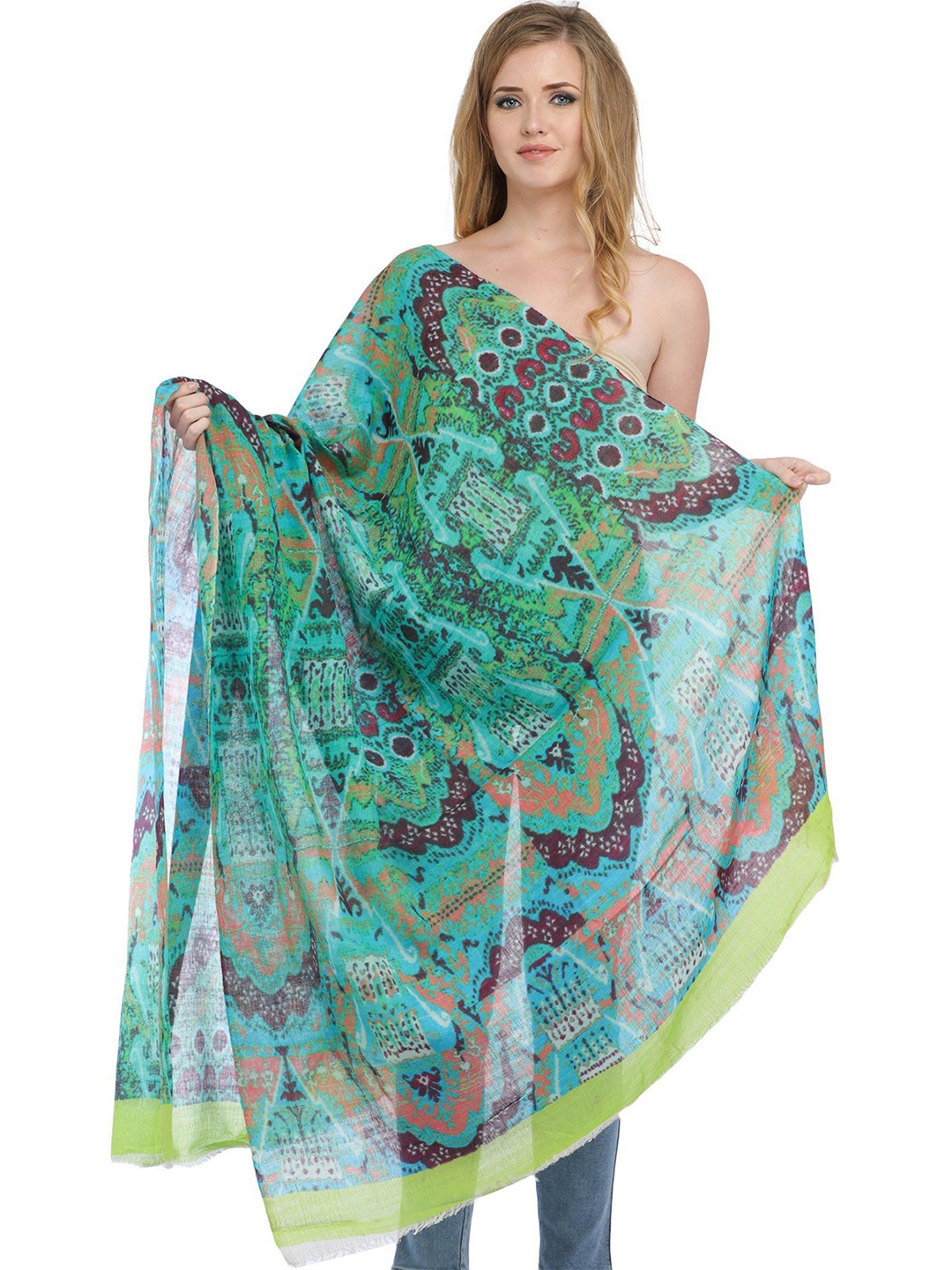 

Exotic India Ethnic Motifs Printed Modal Stole, Green