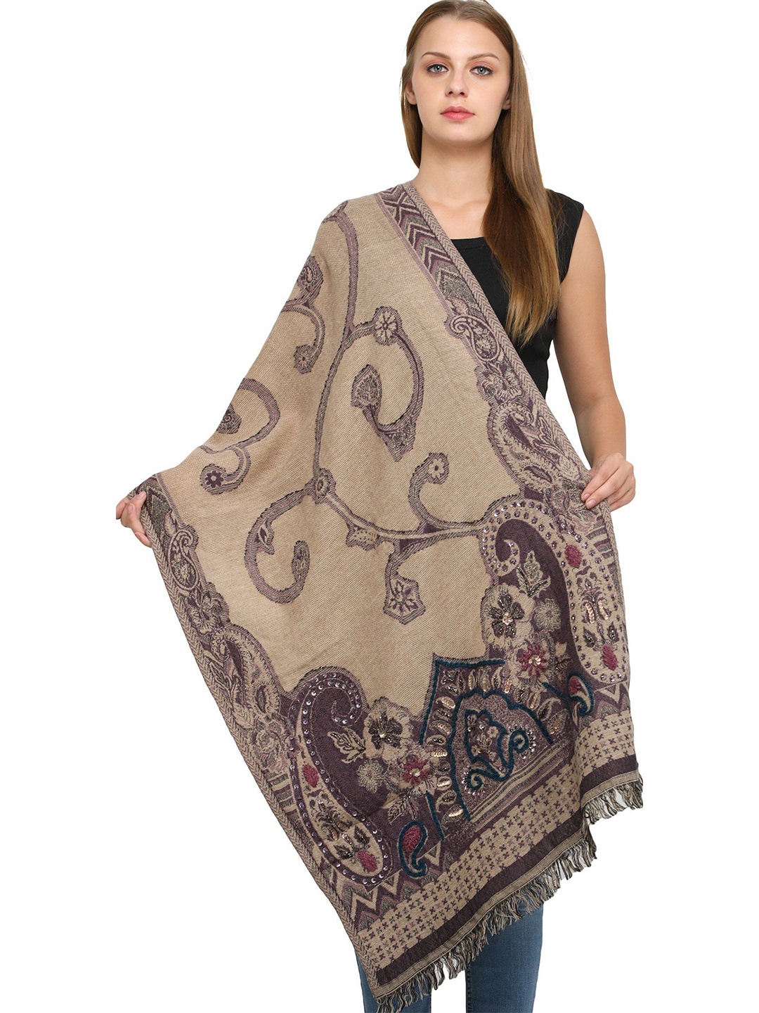 

Exotic India Tidal Foam Wool-Embroidered Jamawar Stole with Woven Paisleys and Sequins, Beige