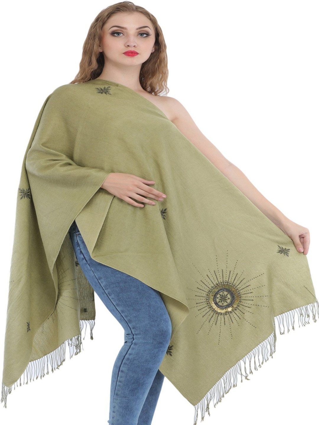 

Exotic India Green Moss Embroidered Beads Cashmere Silk Stole