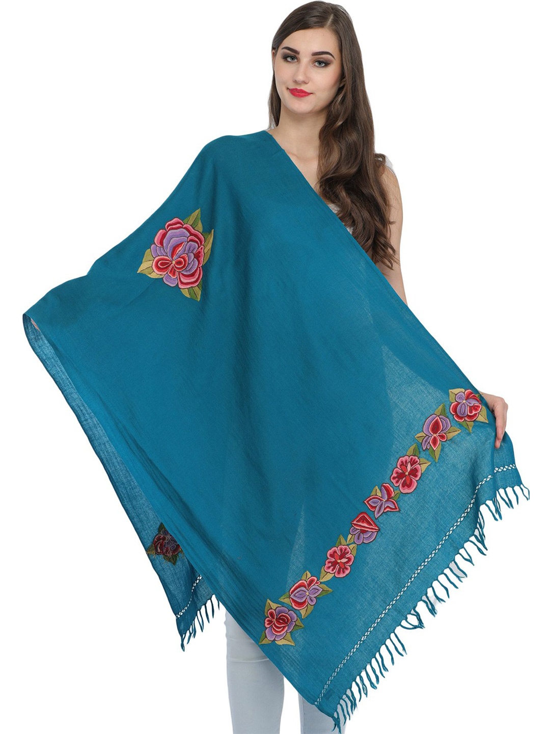 

Exotic India Ocean Depths Aari Hand-Embroidered Flowers Pure Wool Kashmiri Stole, Blue