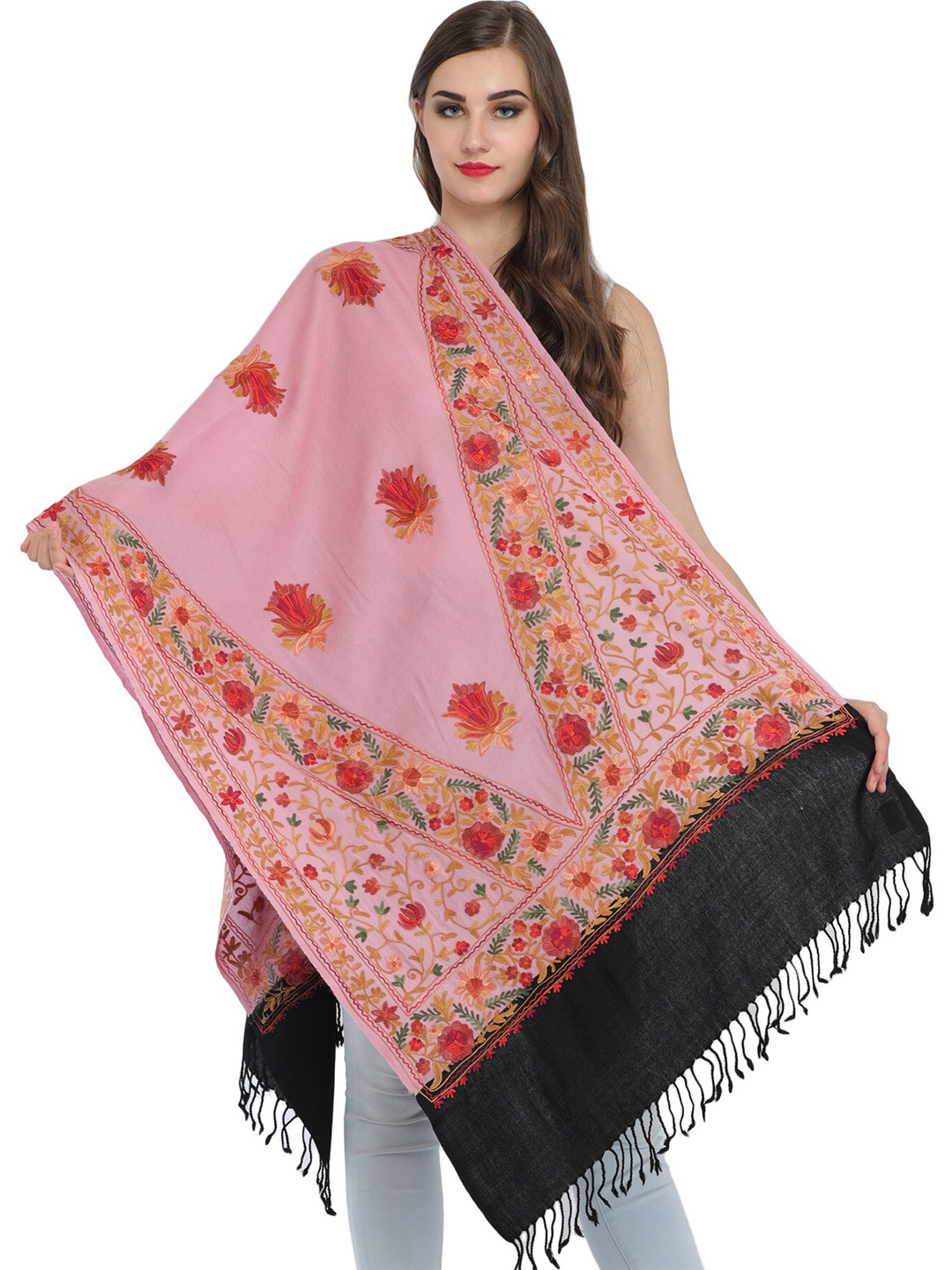 

Exotic India Pink Nectar And Black Aari Floral-Embroidered Double Colored Pure Wool Stole