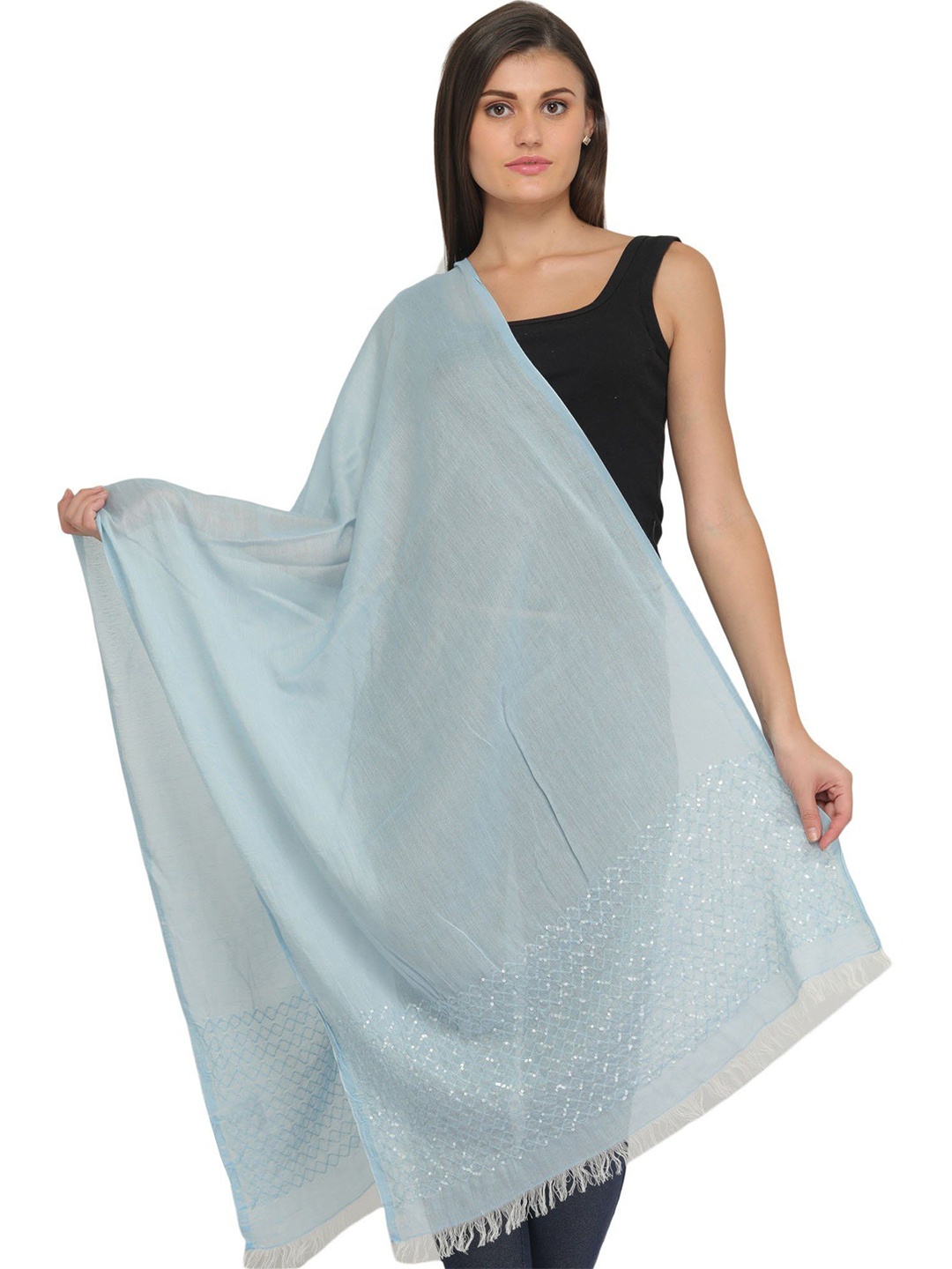 

Exotic India Baby Blue Plain Summer Stole with Embroidered Sequins on Border