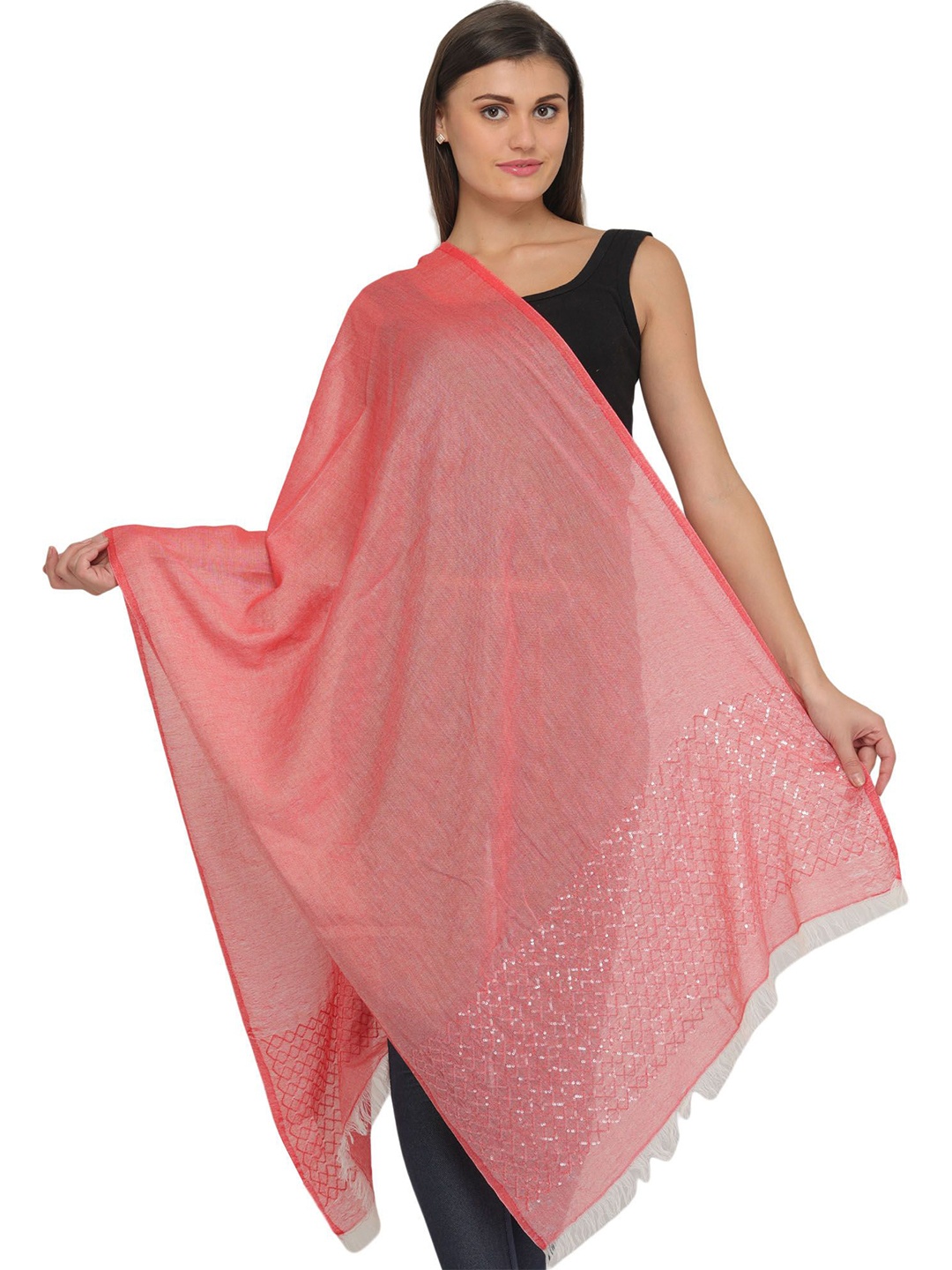 

Exotic India Flamingo Pink Plain Summer Stole with Embroidered Sequins on Border