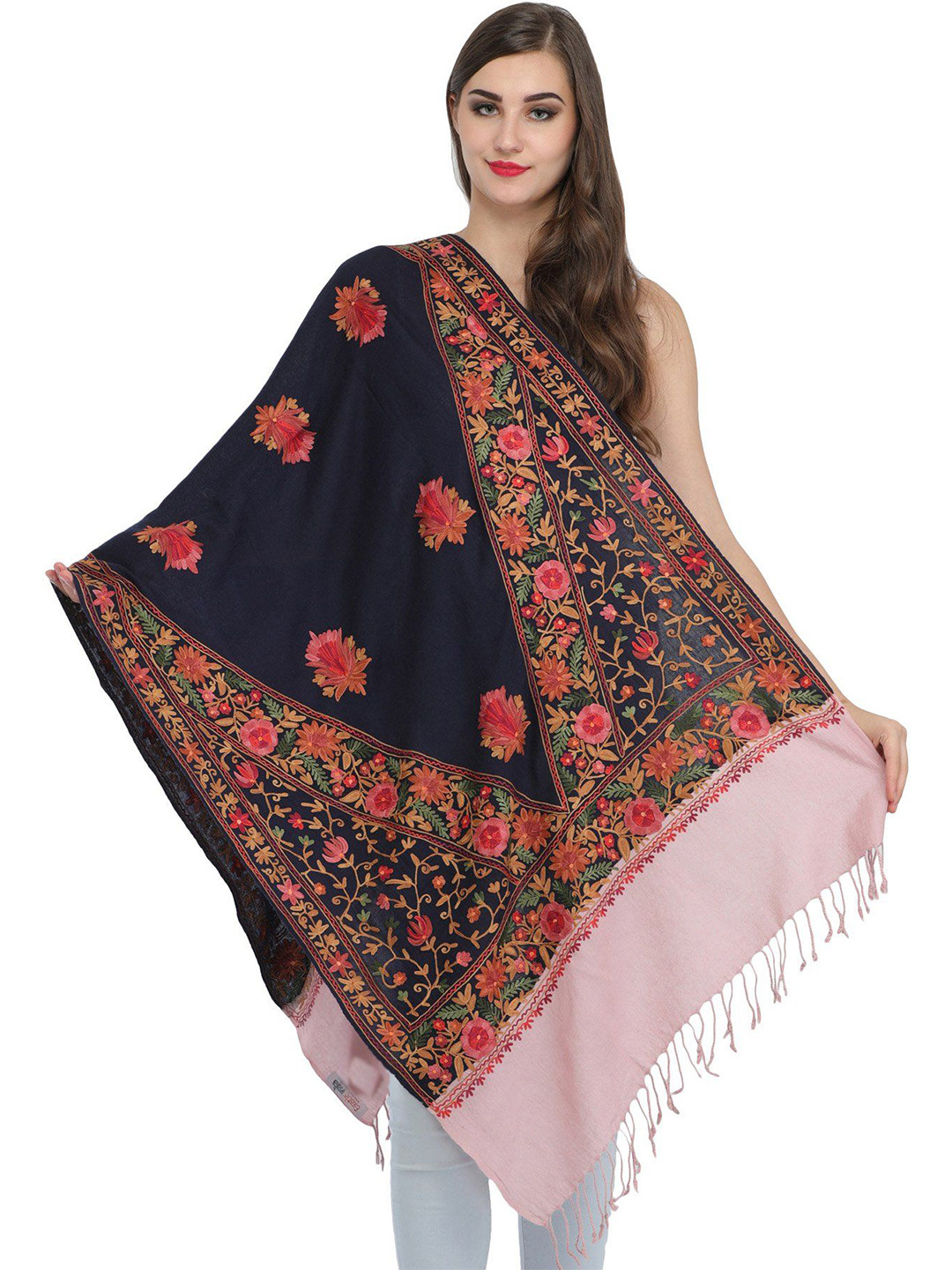 

Exotic India Peacoat And Lotus Aari Floral-Embroidered Double Colored Pure Wool Stole, Pink