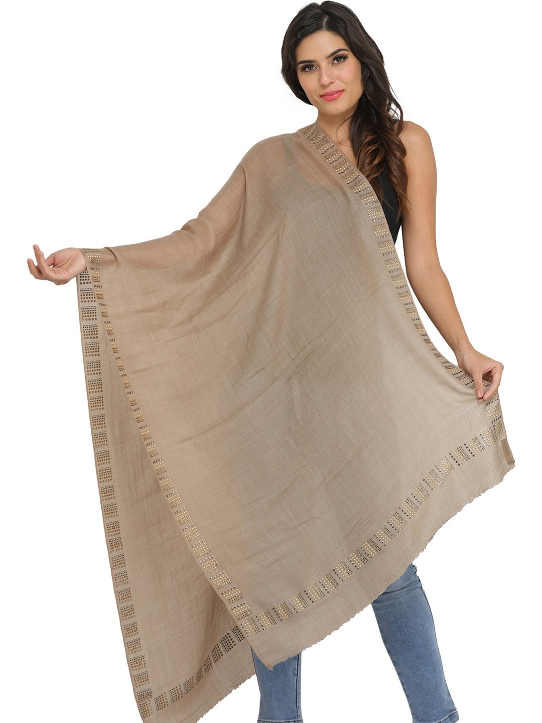 

Exotic India Simply Taupe Pure Wool Plain Stole with Bead-work on Border