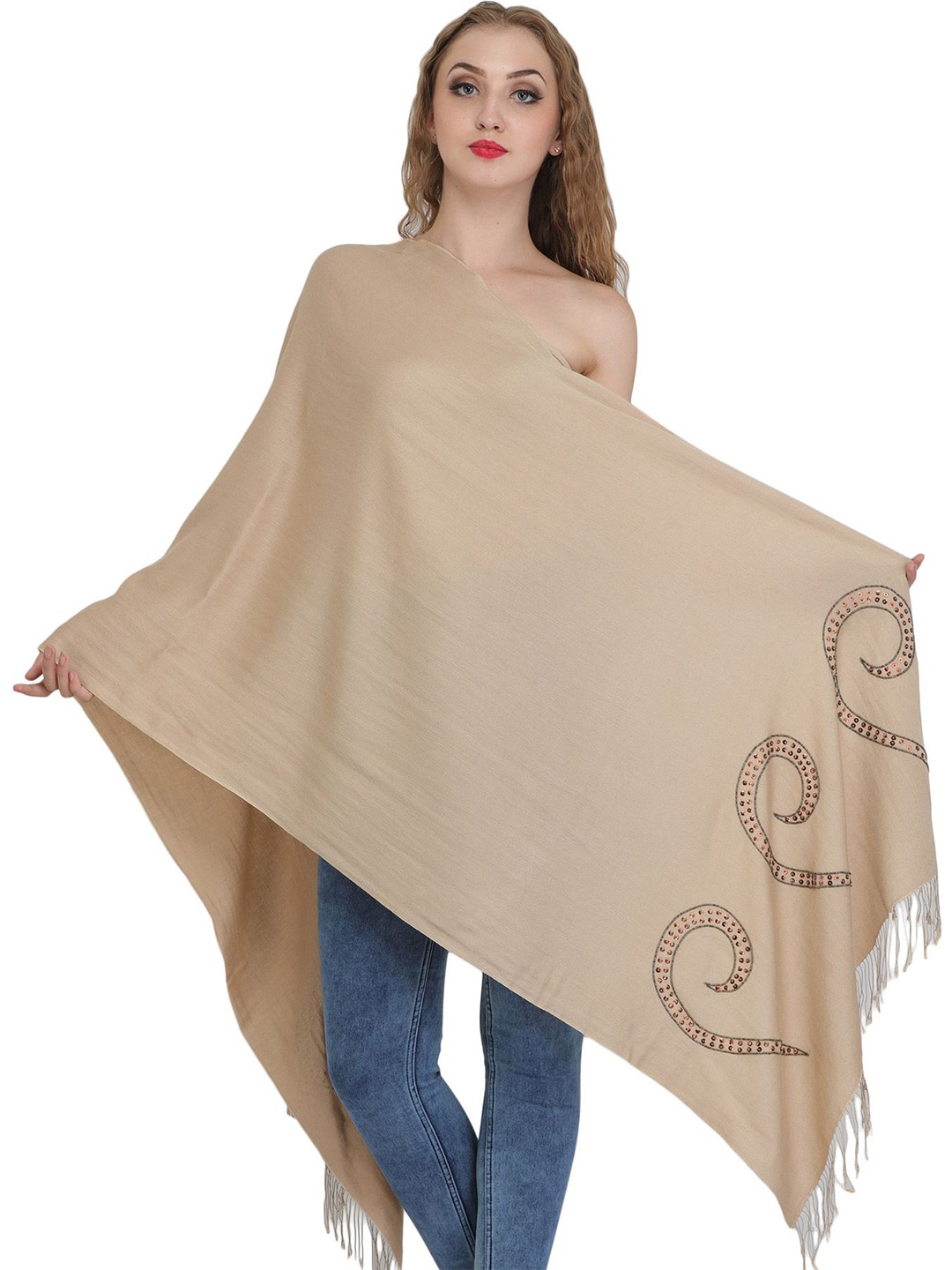 

Exotic India Shifting Sand Cashmere Silk Stole with Embroidered-Beads, Beige