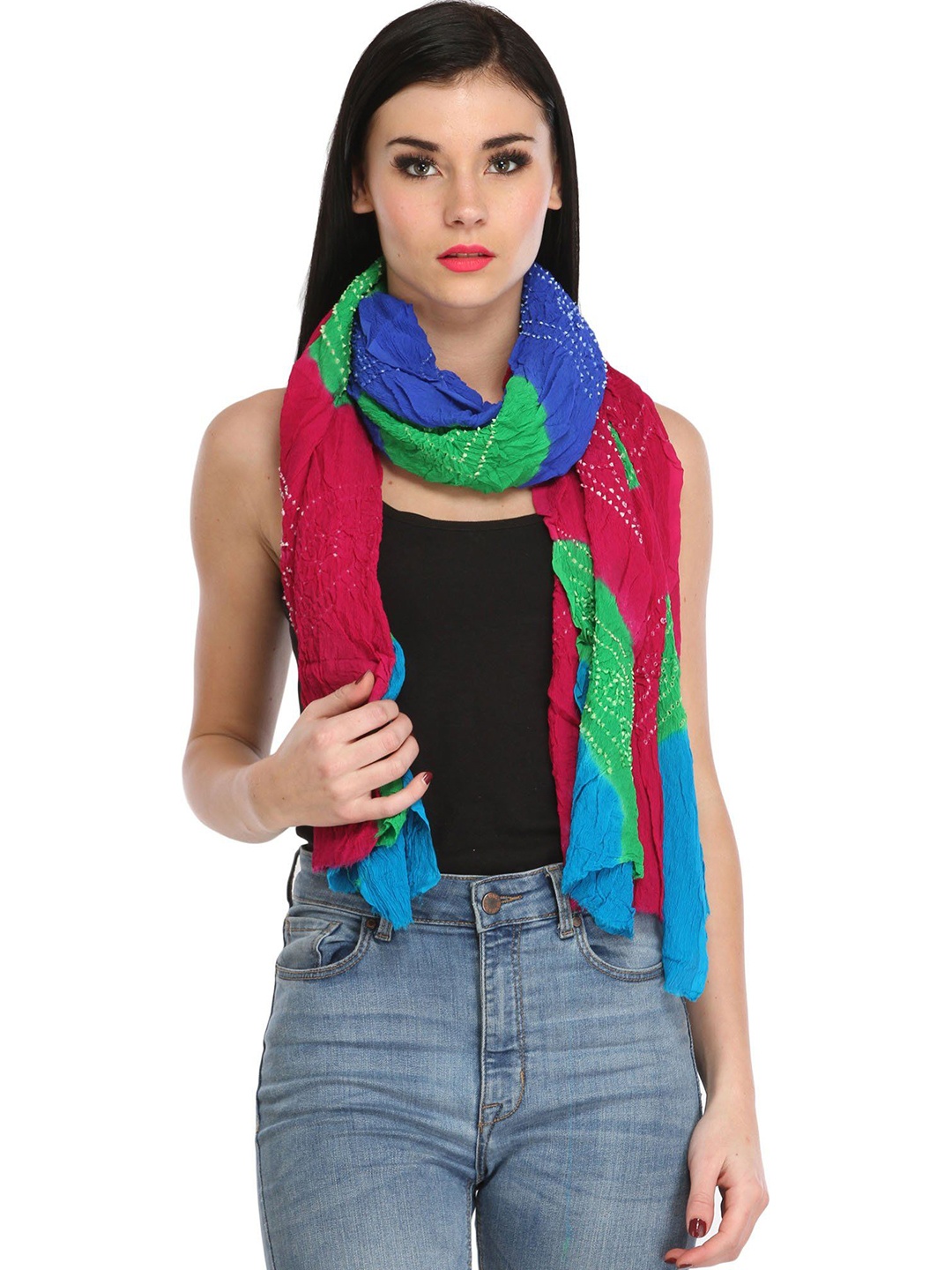 

Exotic India Blue And Pink Pure Chiffon Multicolored Crinkled Bandhani Tie-Dye Stole