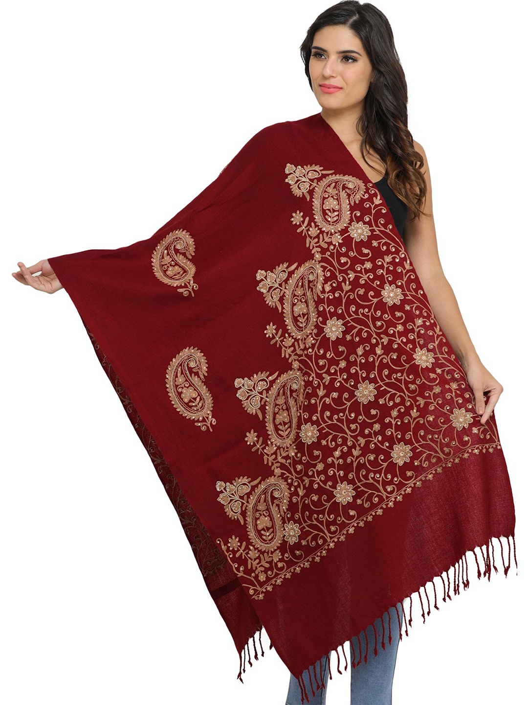 

Exotic India Maroon Ari-Embroidered Pure Wool Stole with Beads and Sequins work