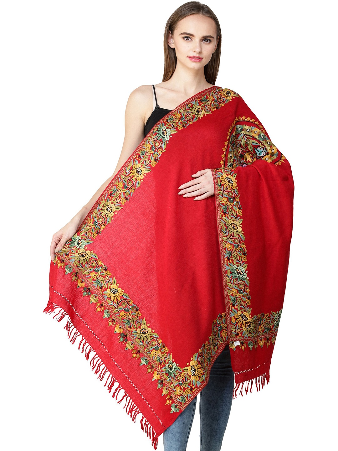 

Exotic India Bittersweet Red Kashmiri Stole with Aari Hand-Embroidered Mandala and Border