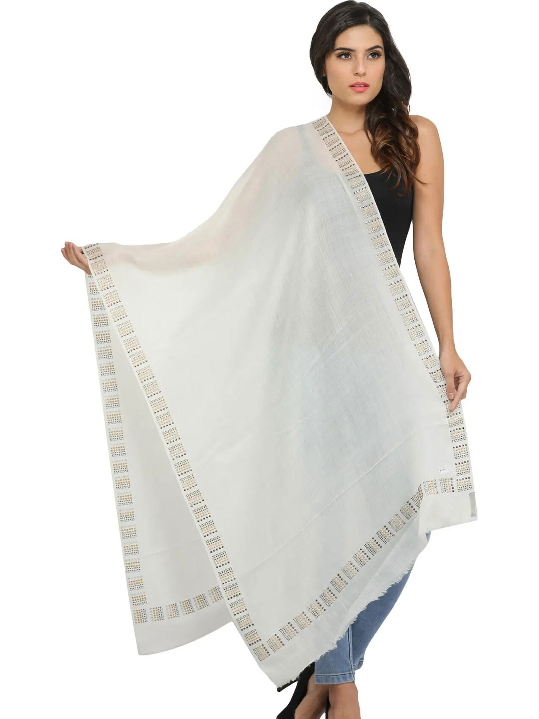 

Exotic India Off White Pure Wool Plain Stole with Bead-work on Border
