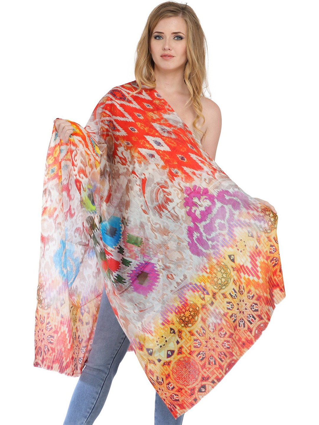 Exotic India Off-White Digital Printed Stole with Florals, Red