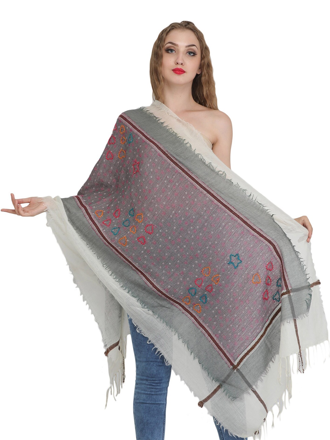 

Exotic India Off-White and Gray Two-Ply Wool Stole with Aari Embroidery & Woven Border, Grey