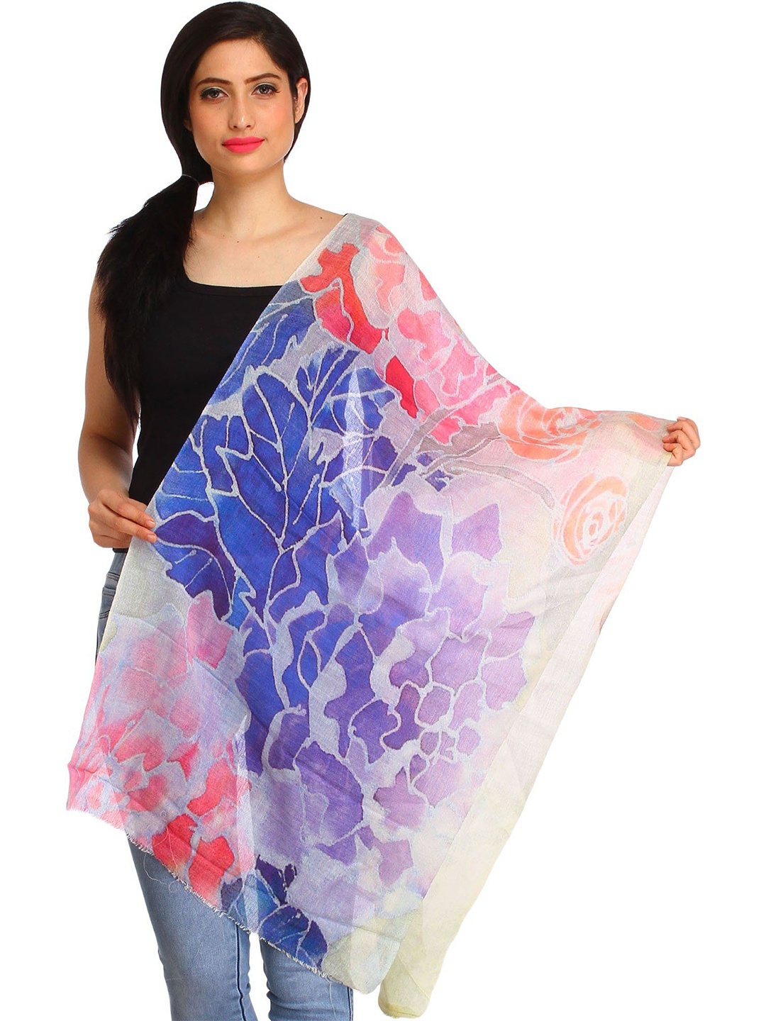 

Exotic India Multicolored Digital-Printed Roses Silk Wool Stole, Blue