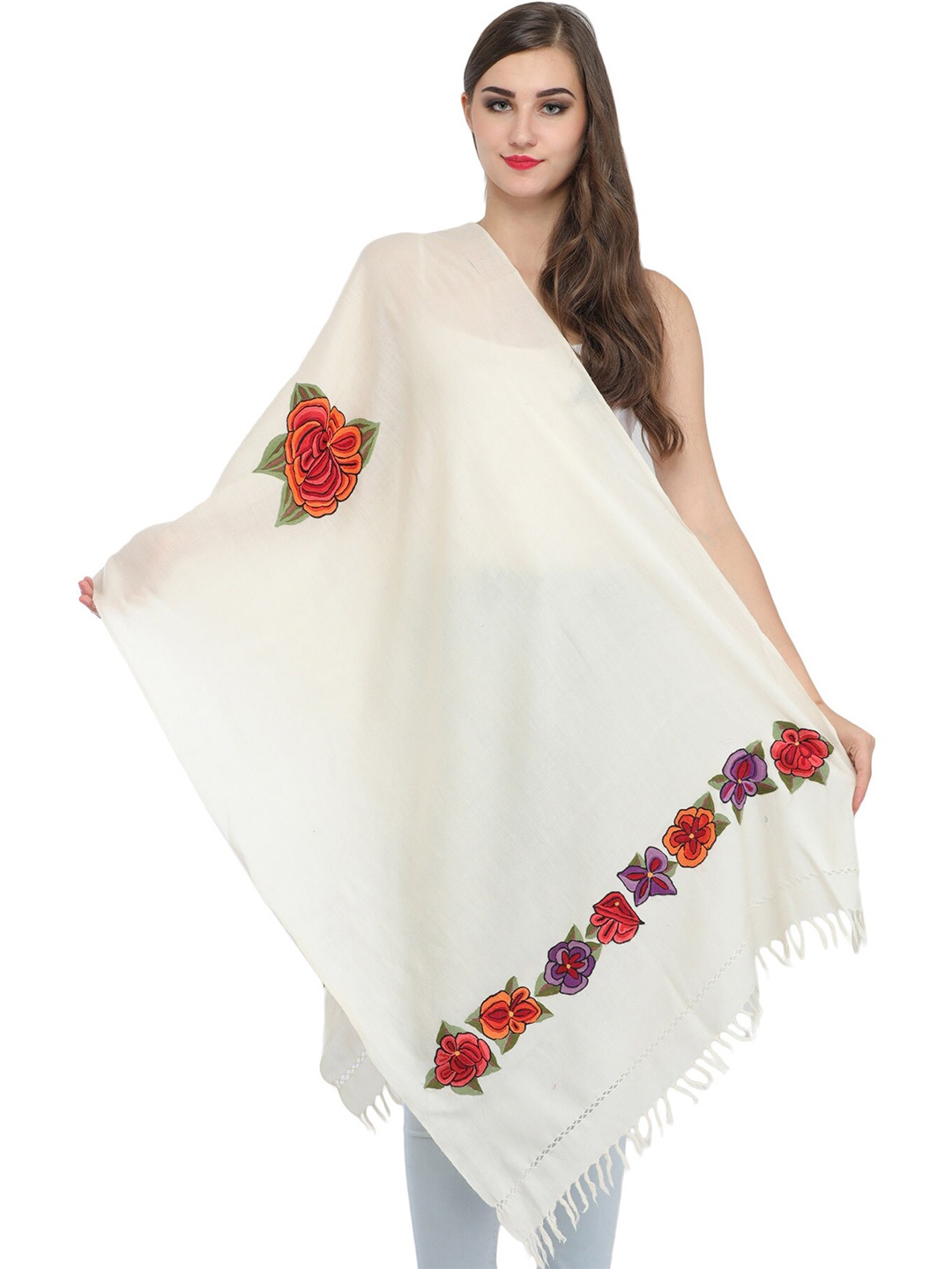 

Exotic India Ivory Aari Hand-Embroidered Flowers Pure Wool Kashmiri Stole, Off white