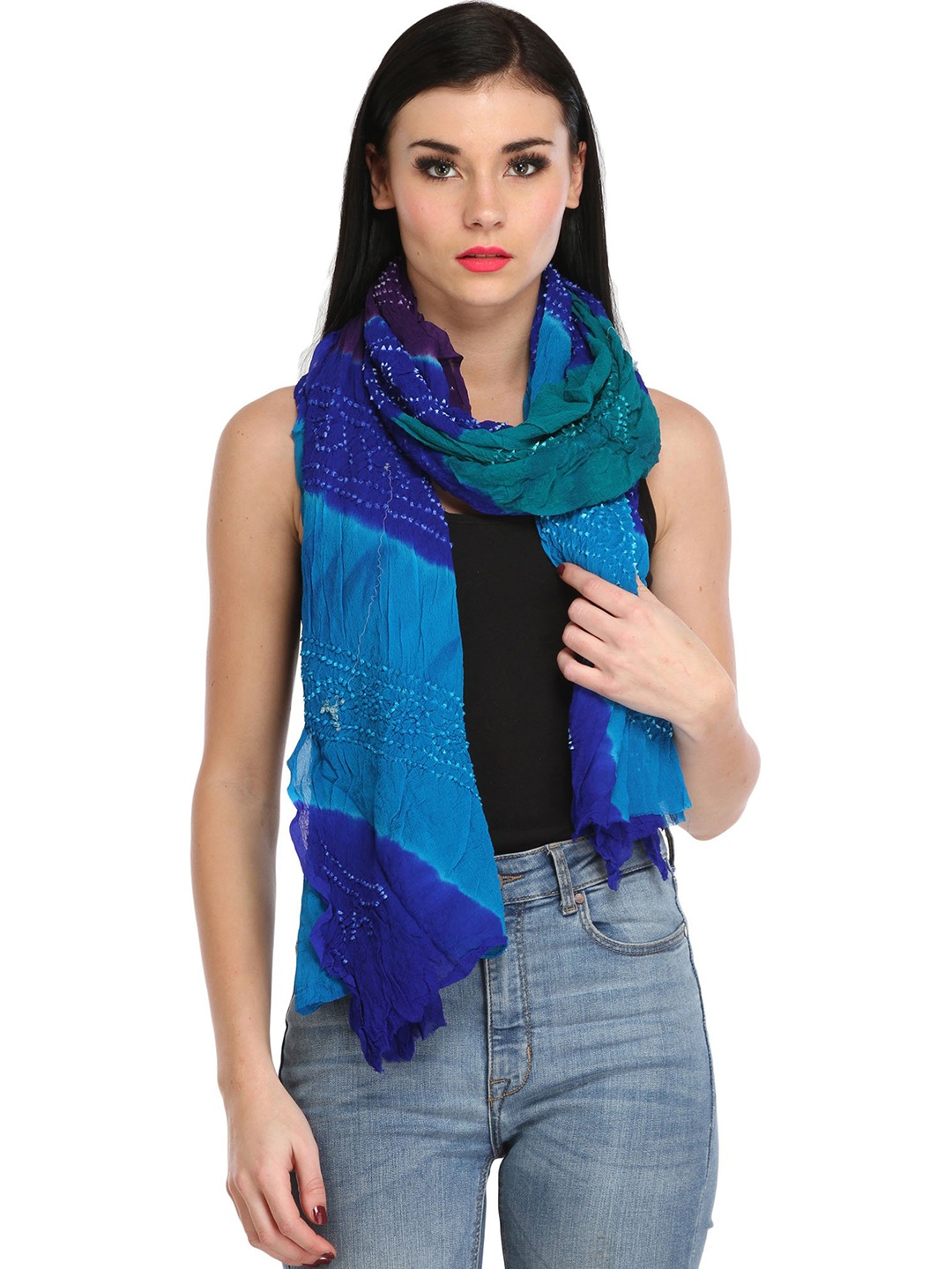 

Exotic India Blue And Purple Pure Chiffon Multicolored Crinkled Bandhani Tie-Dye Stole