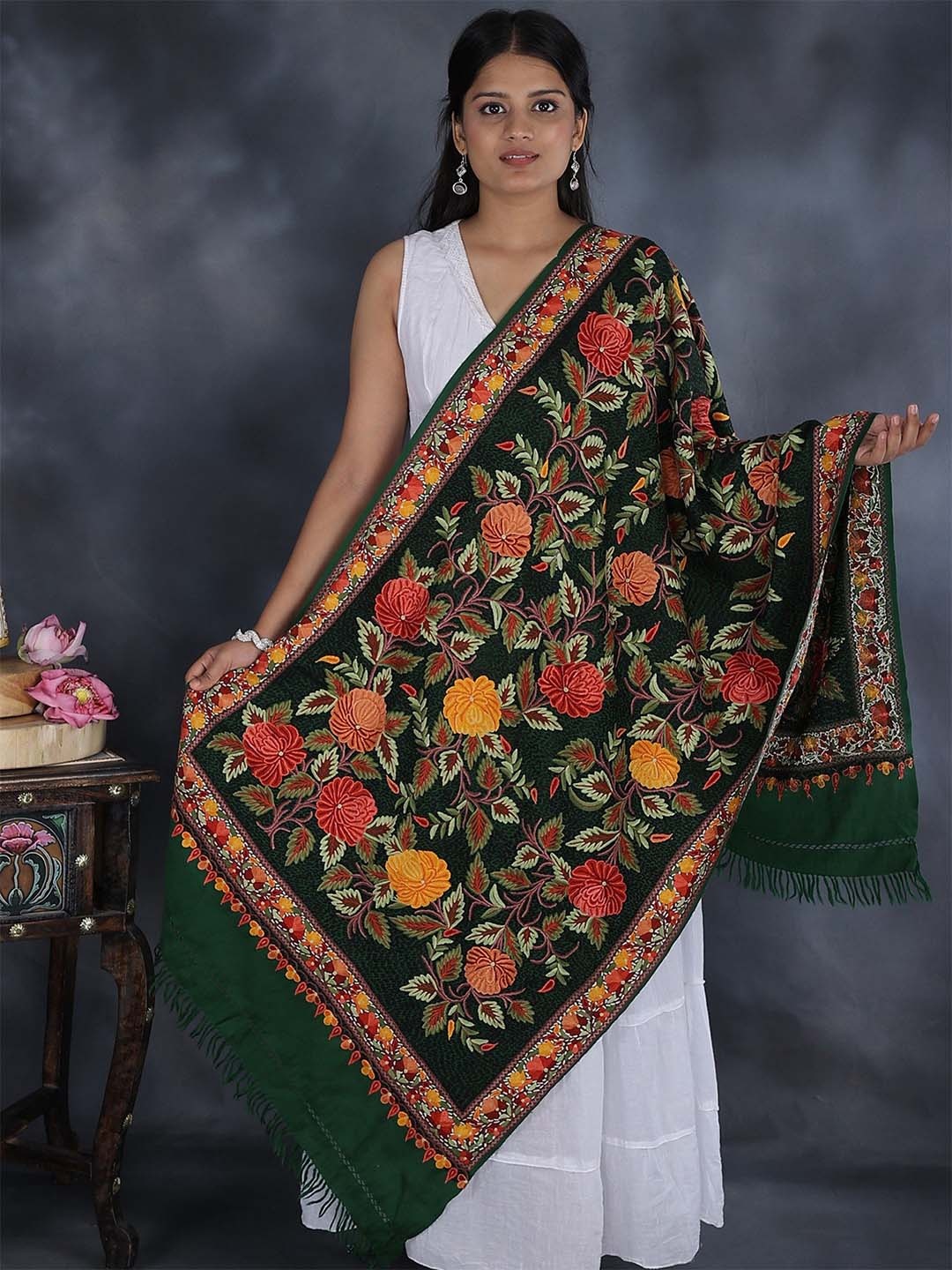 

Exotic India Garden Green Aari Hand-Embroidered Floral Vines Pure Wool Kashmiri Stole