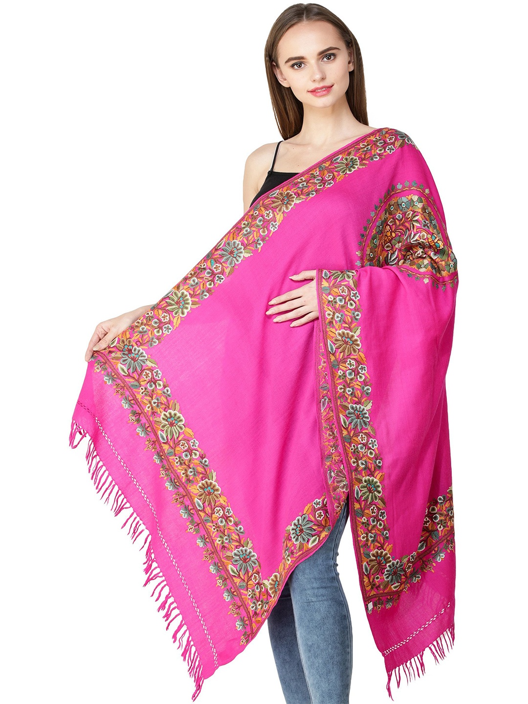 

Exotic India Raspberry Rose Kashmiri Stole with Aari Hand-Embroidered Mandala and Border, Pink