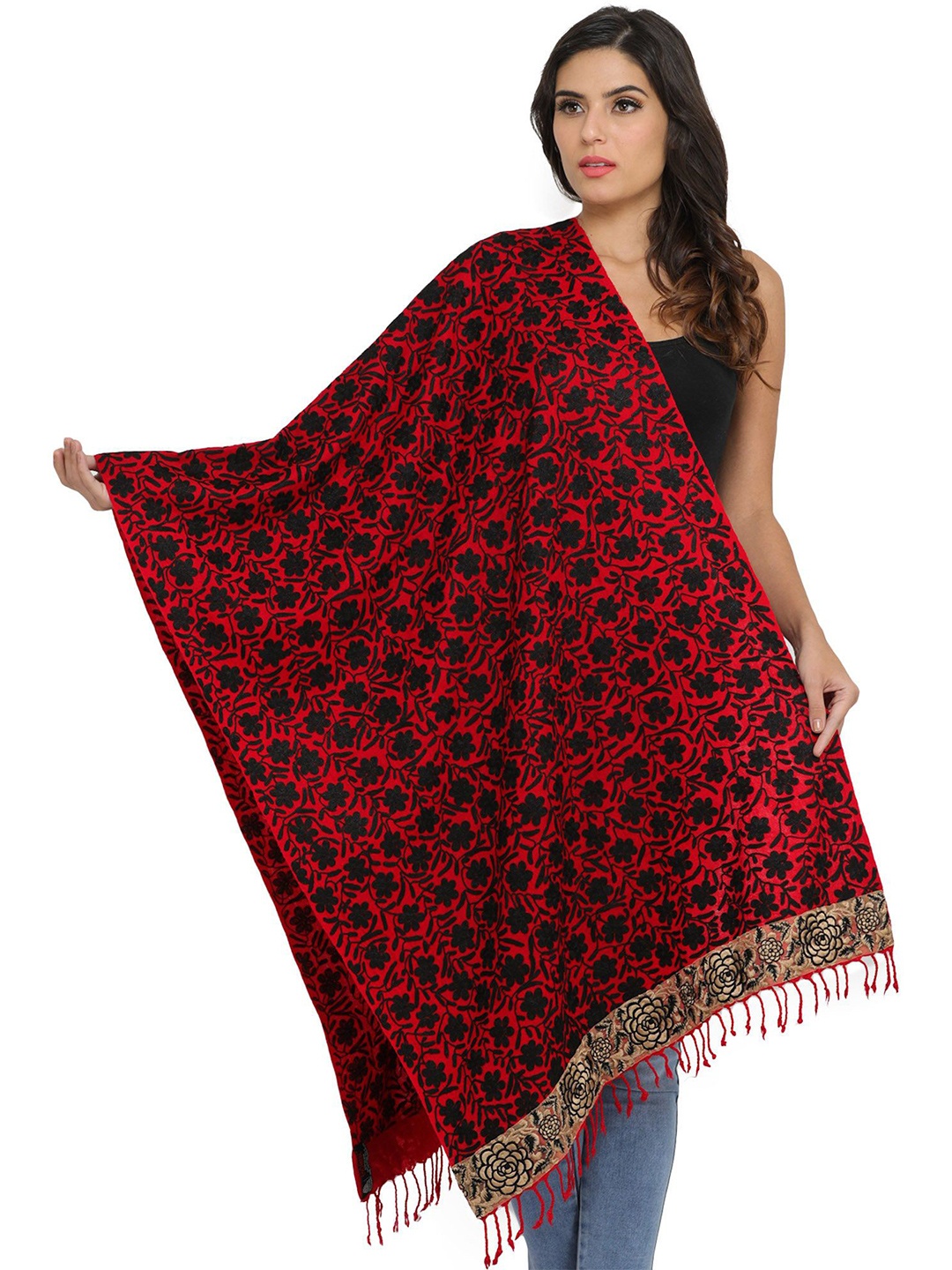 

Exotic India Red And Black Embroidered Flower and Roses on Border Wool Phulkari Stole