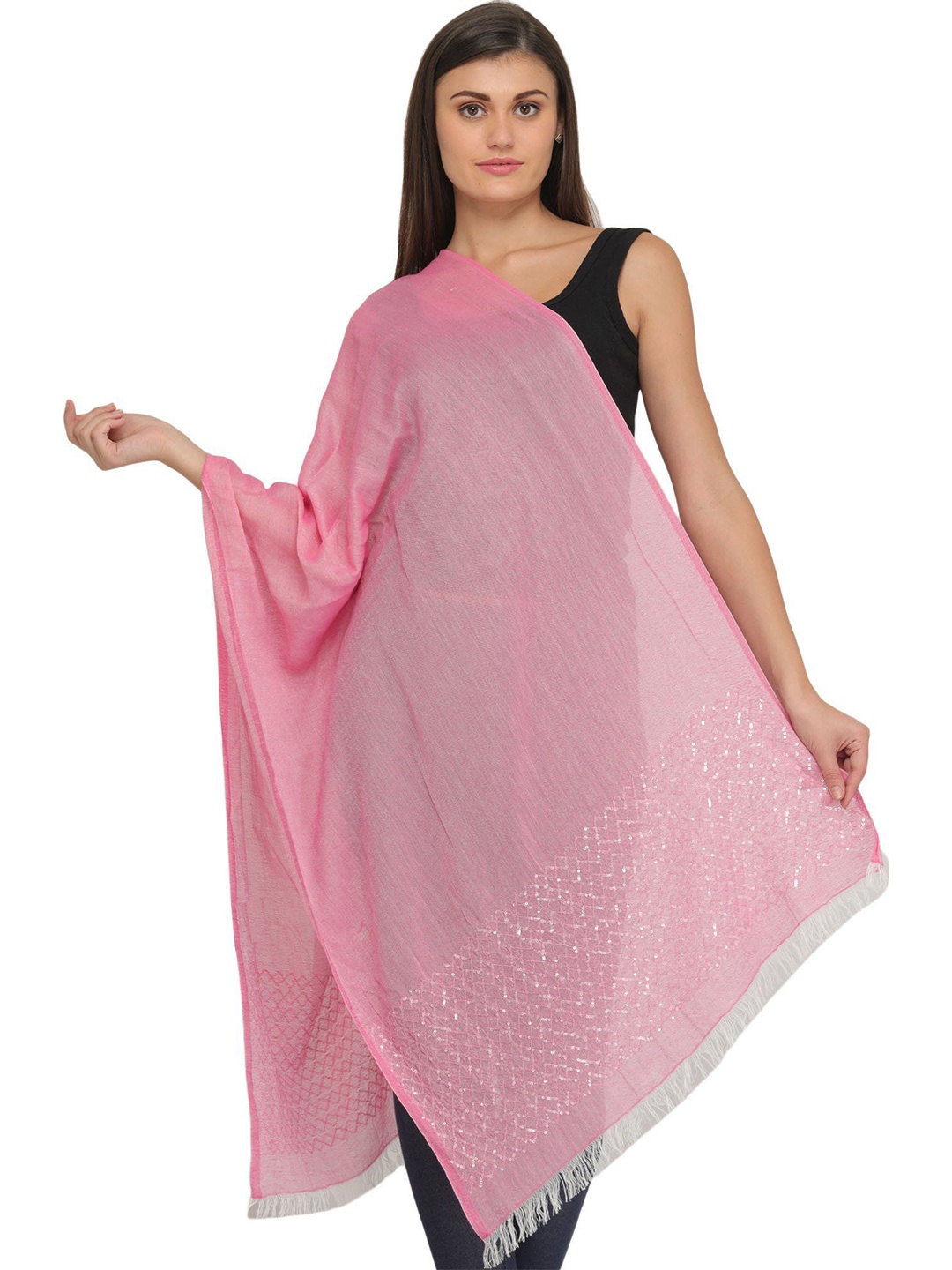 

Exotic India Begonia Pink Plain Summer Stole with Embroidered Sequins on Border
