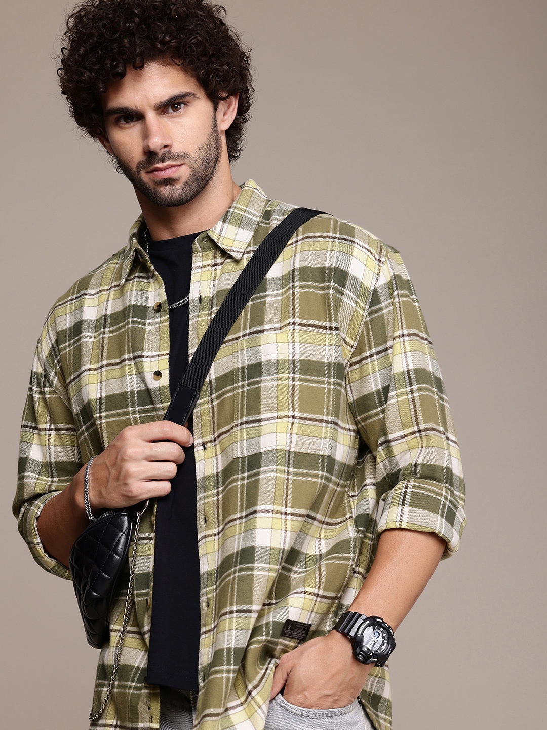 

The Roadster Lifestyle Co. Tartan Checked Flannel Pure Cotton Oversized Casual Shirt, Olive