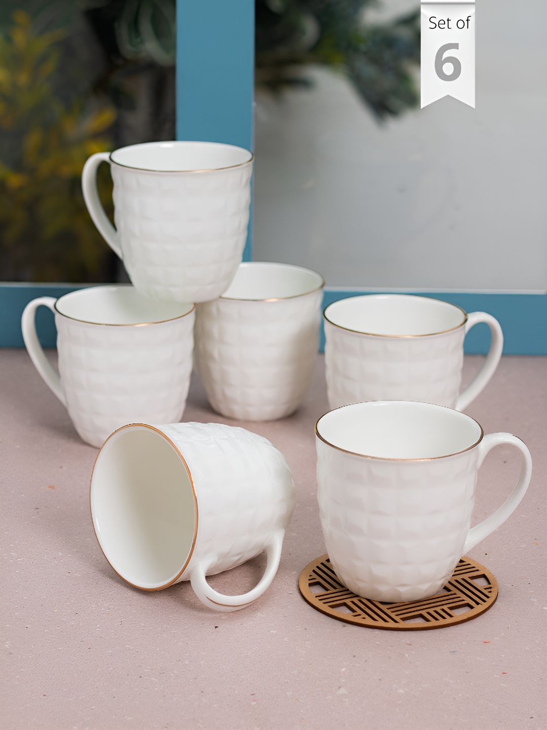 

CLAY CRAFT White 6 Pieces Textured Ceramic Glossy Cups 300 ml