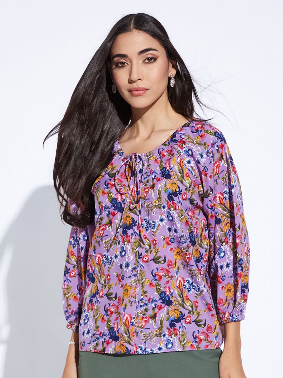 

DEPANO Floral Printed Tie Up Neck Top, Mauve