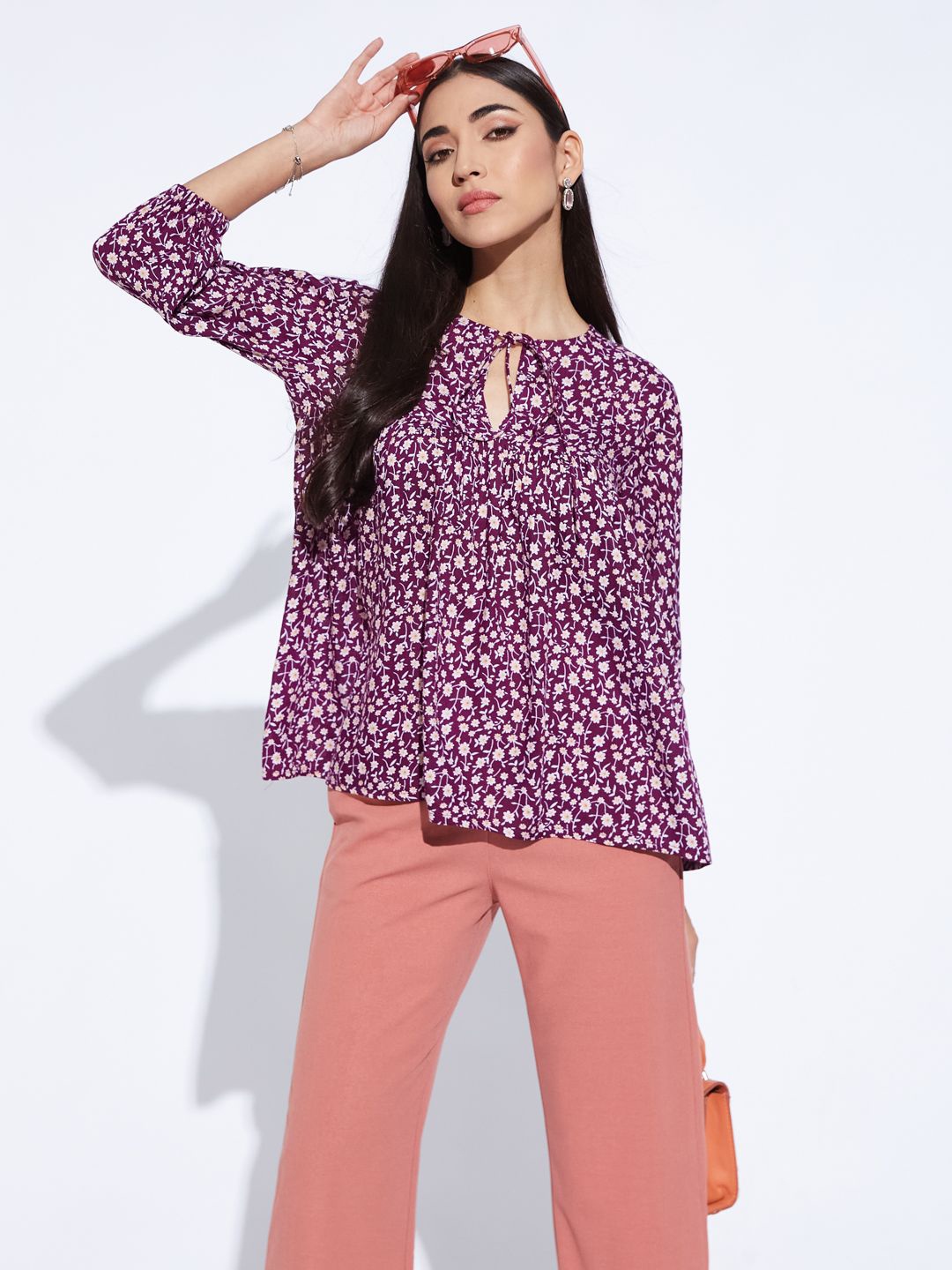 

DEPANO Floral Printed Tie Up Neck Top, Purple