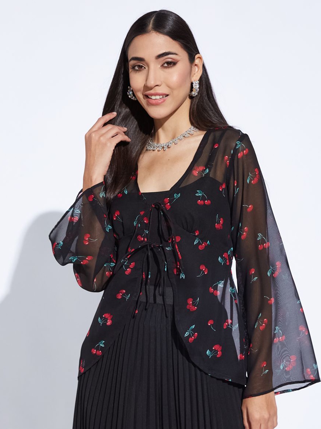 

DEPANO Conversational Printed Flared Sleeves Tie Up Neck Crepe Top, Black