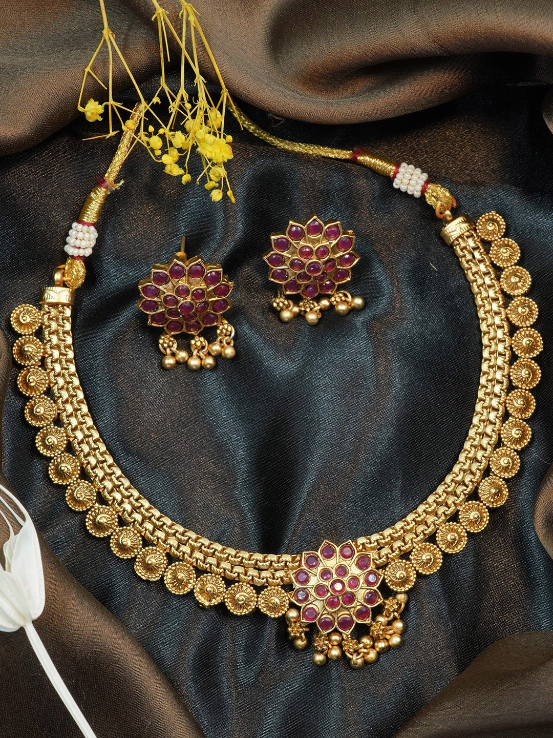 

GRIIHAM Women Gold-Plated CZ Studded & Beaded Jewellery Set