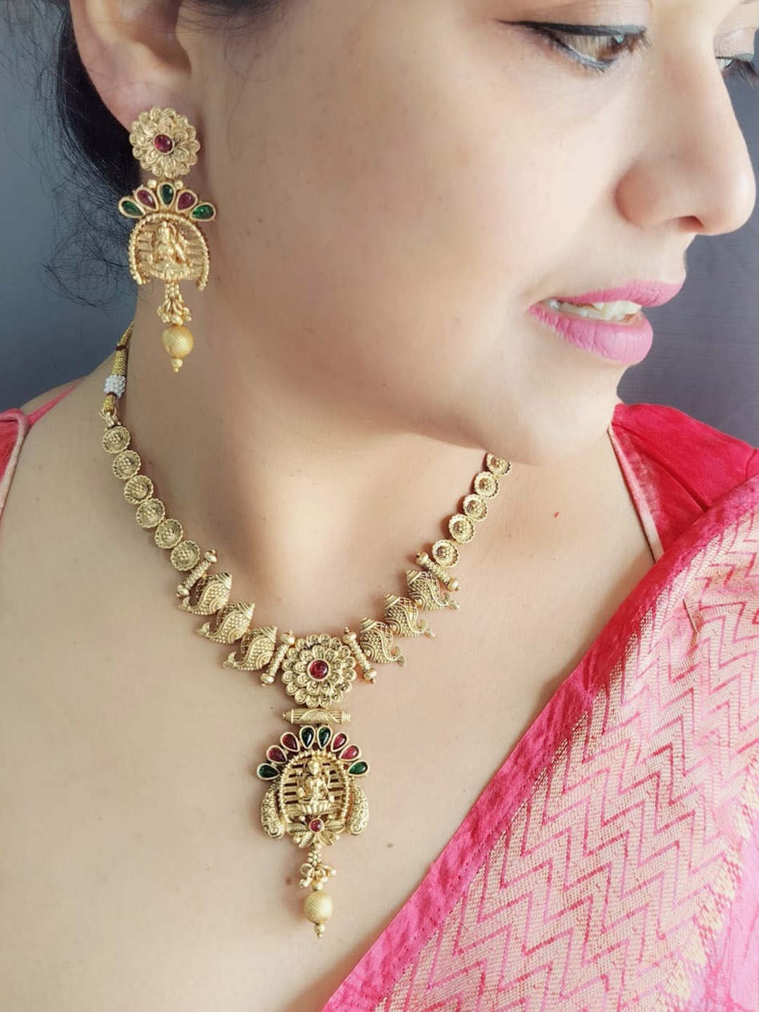 

GRIIHAM Women Gold-Plated CZ Studded & Beaded Temple Jewellery Set