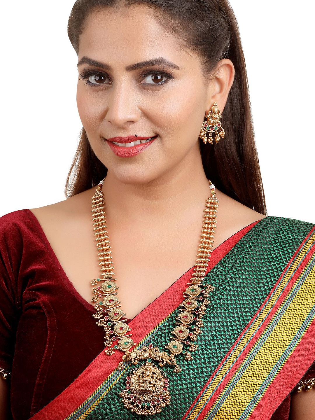 

GRIIHAM Gold-Plated CZ Studded & Beaded Temple Jewellery Set